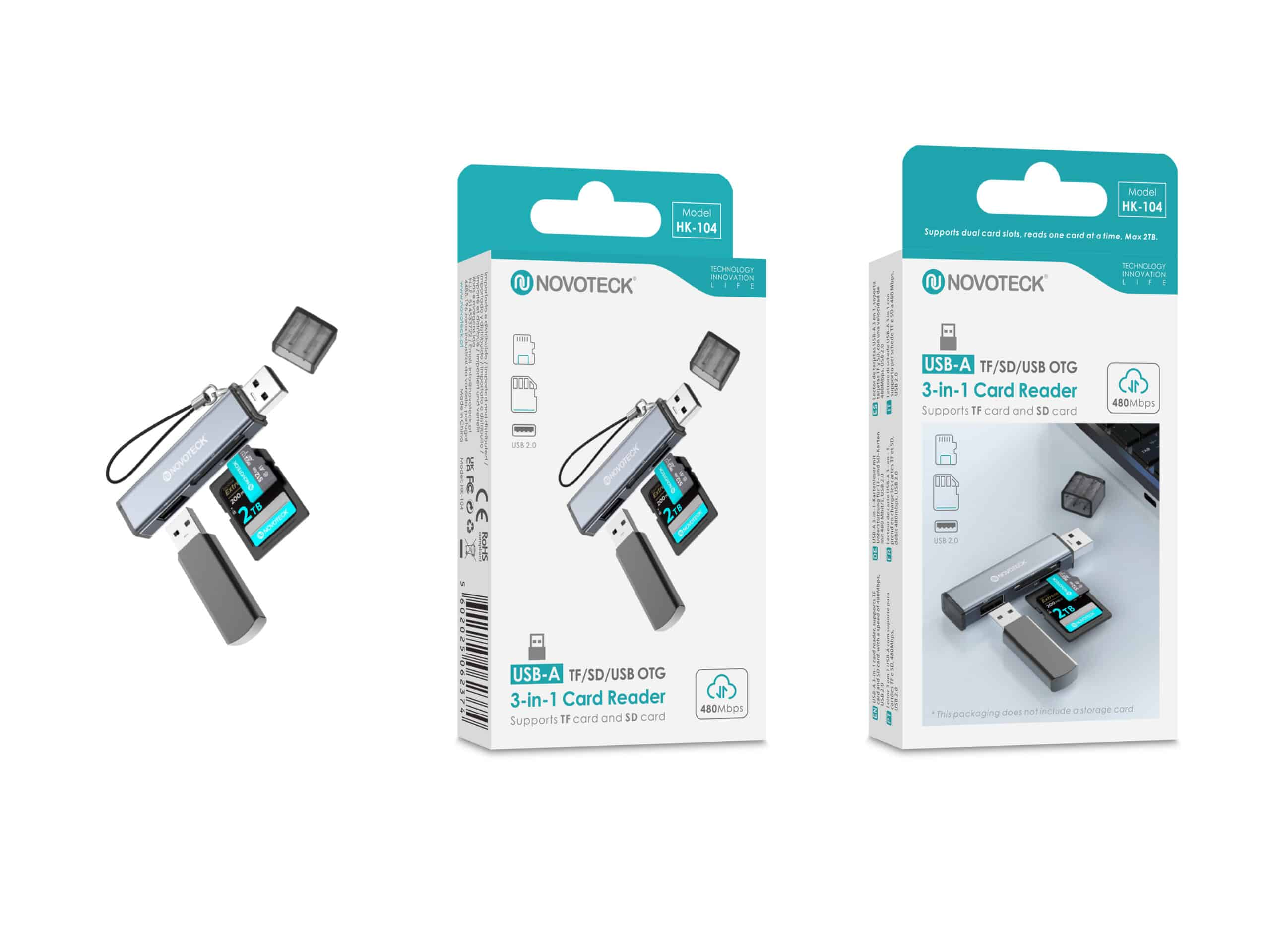 Lector de tarjetas Novotec 3 en 1: USB-A, TF/SD/USB OTG. Gris.
