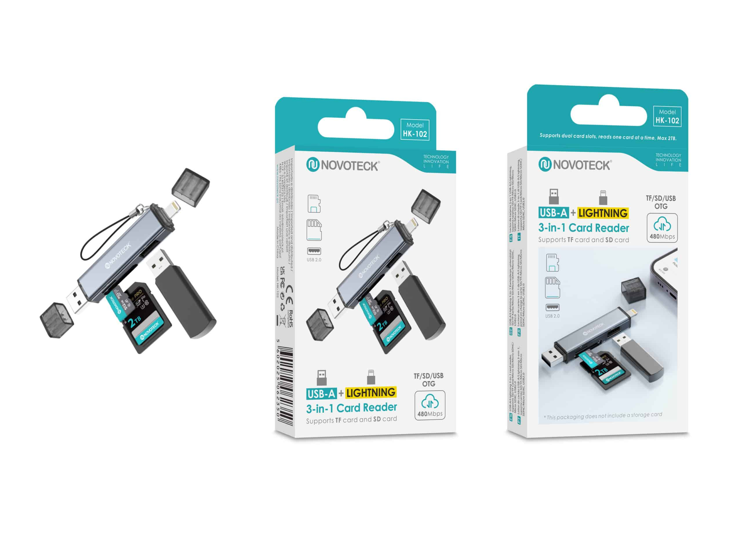 Un lector de tarjetas plateado 3 en 1 con ranuras USB-A, Lightning y SD/TF.