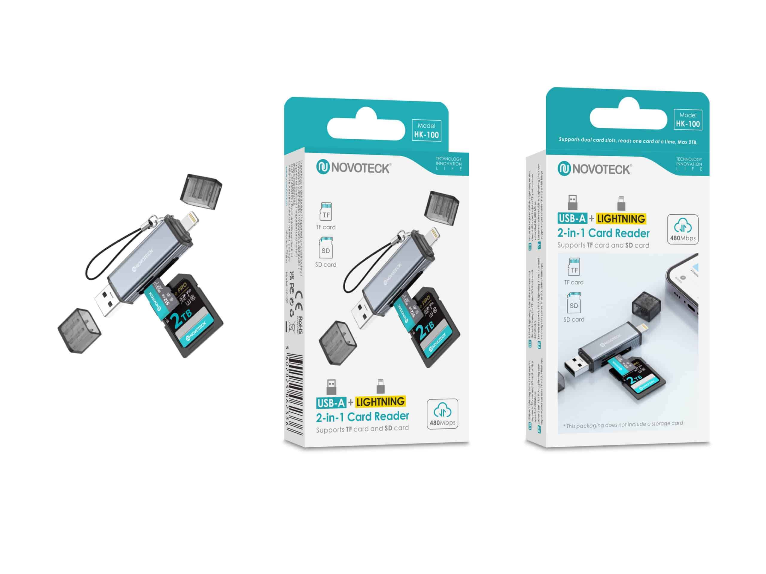 Lector de tarjetas Novonoteck USB-A/Lightning con tarjeta SD de 2TB y tapa.