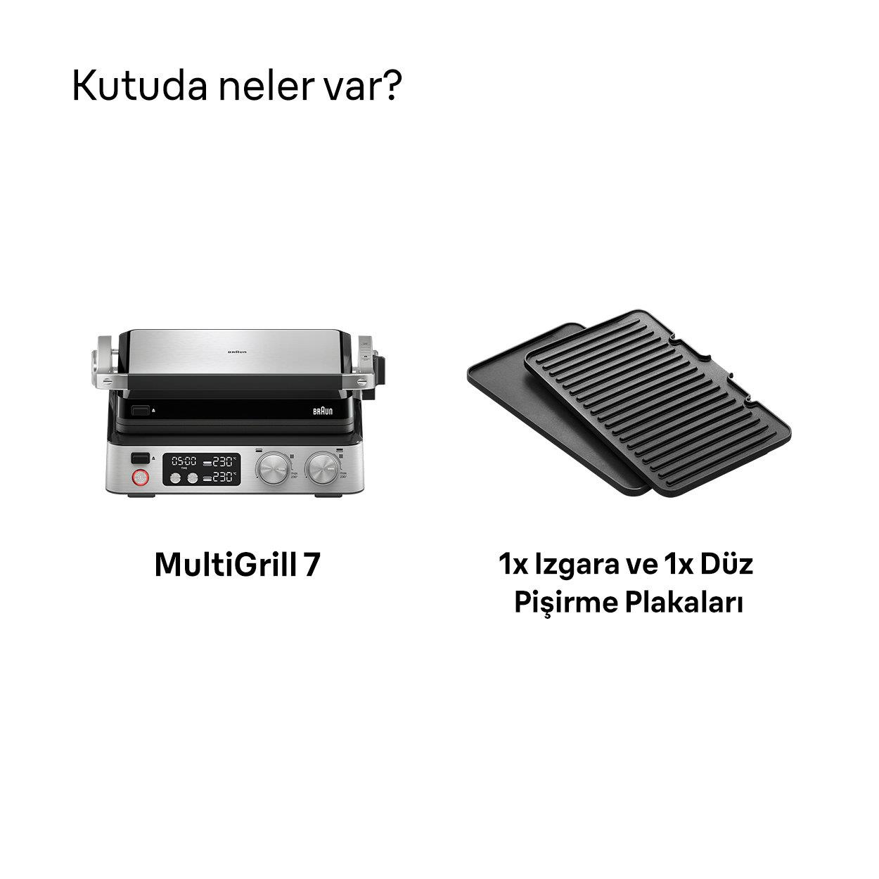 Gümüş renkli bir kontaktlı ızgara, kontrol paneli ve yanında iki siyah ızgara plakası.