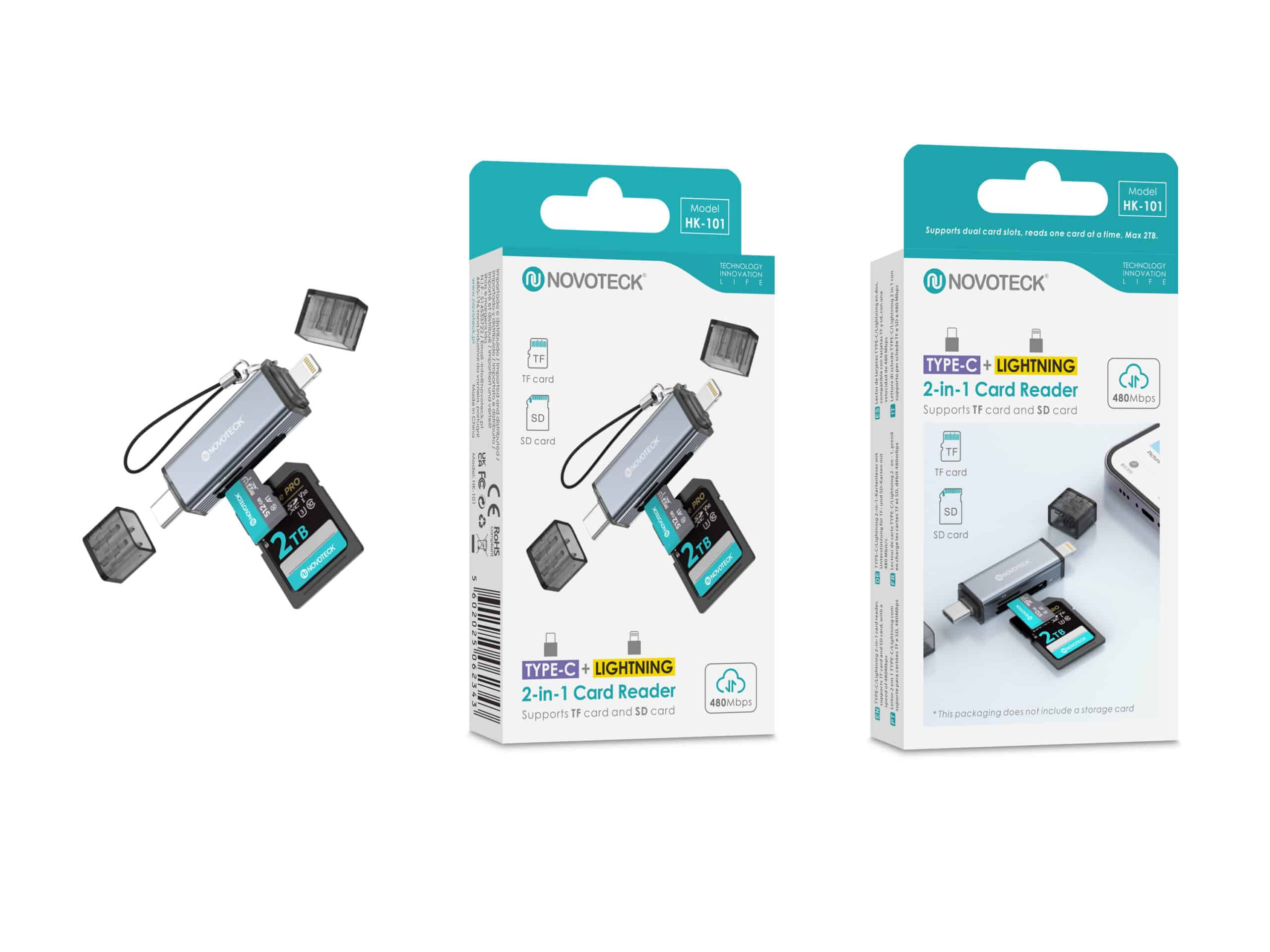 Lector de tarjetas Novoteck 2 en 1 (TF/SD) con conectores Tipo-C y Lightning.