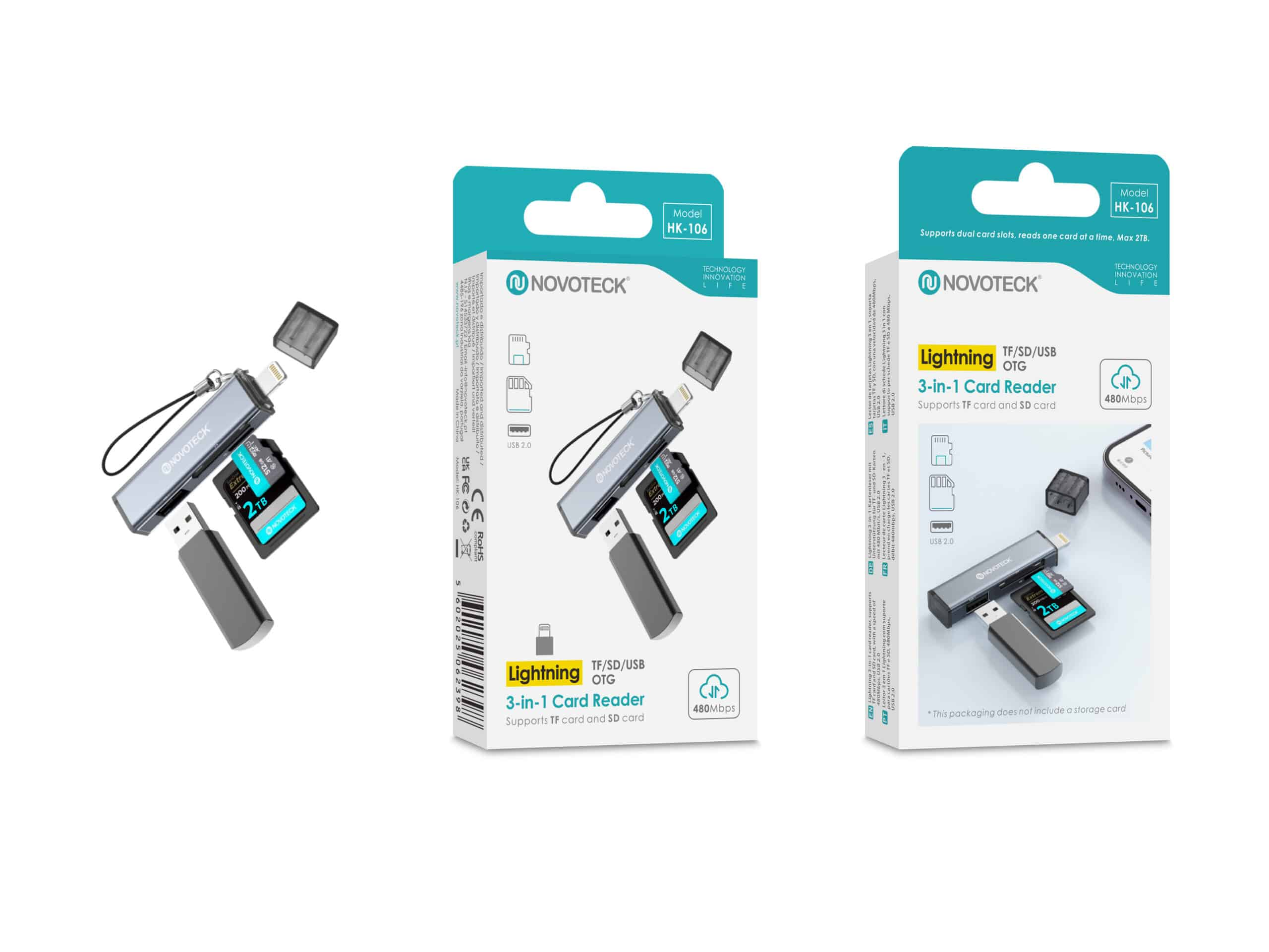 Lector de tarjetas Novoteck 3 en 1 con puertos Lightning, TF/SD/USB, 480Mbps.