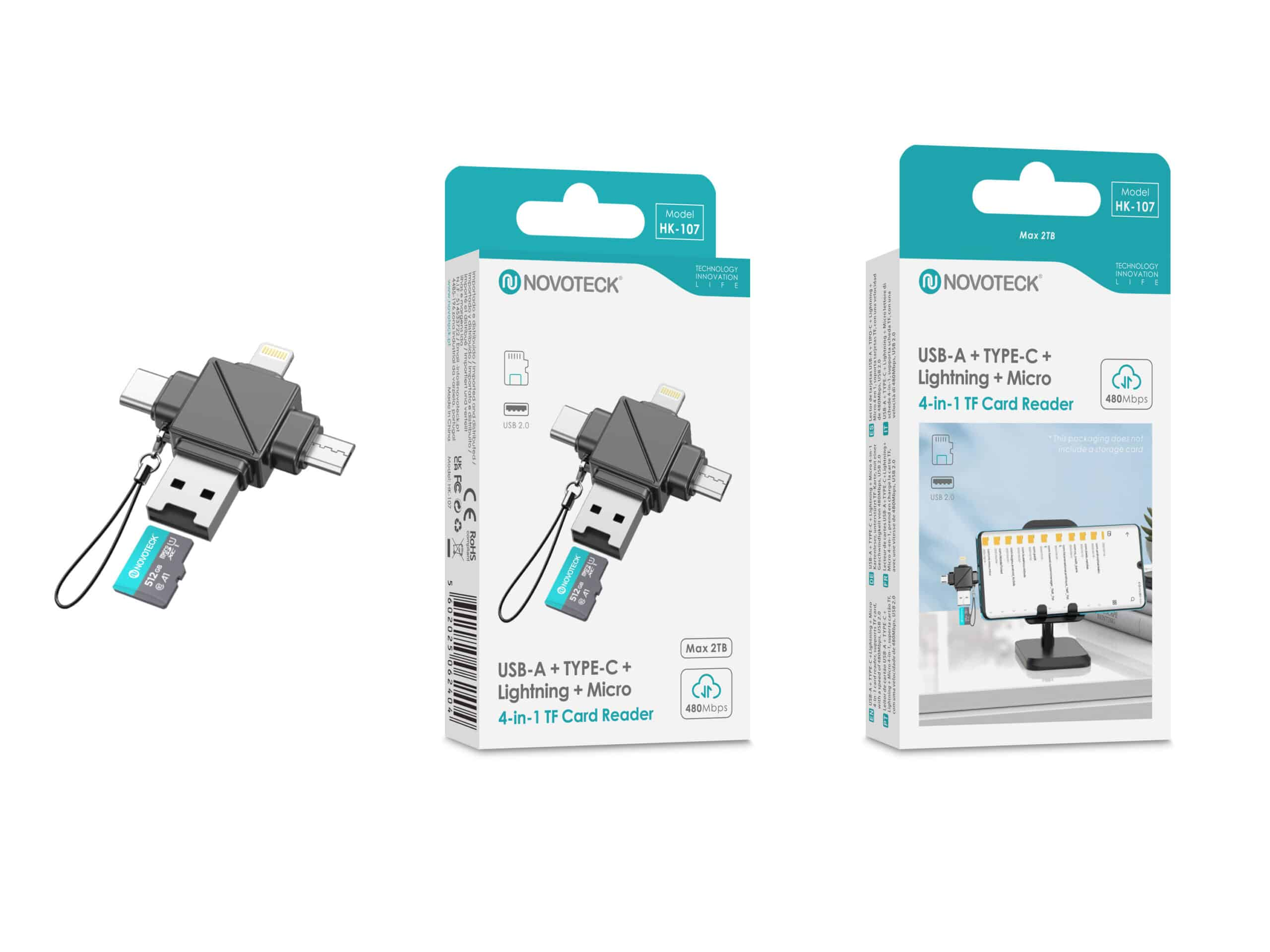 Lector de tarjetas NOVOTECK 4 en 1 TF con USB-A, Tipo-C, Lightning. 512 GB.