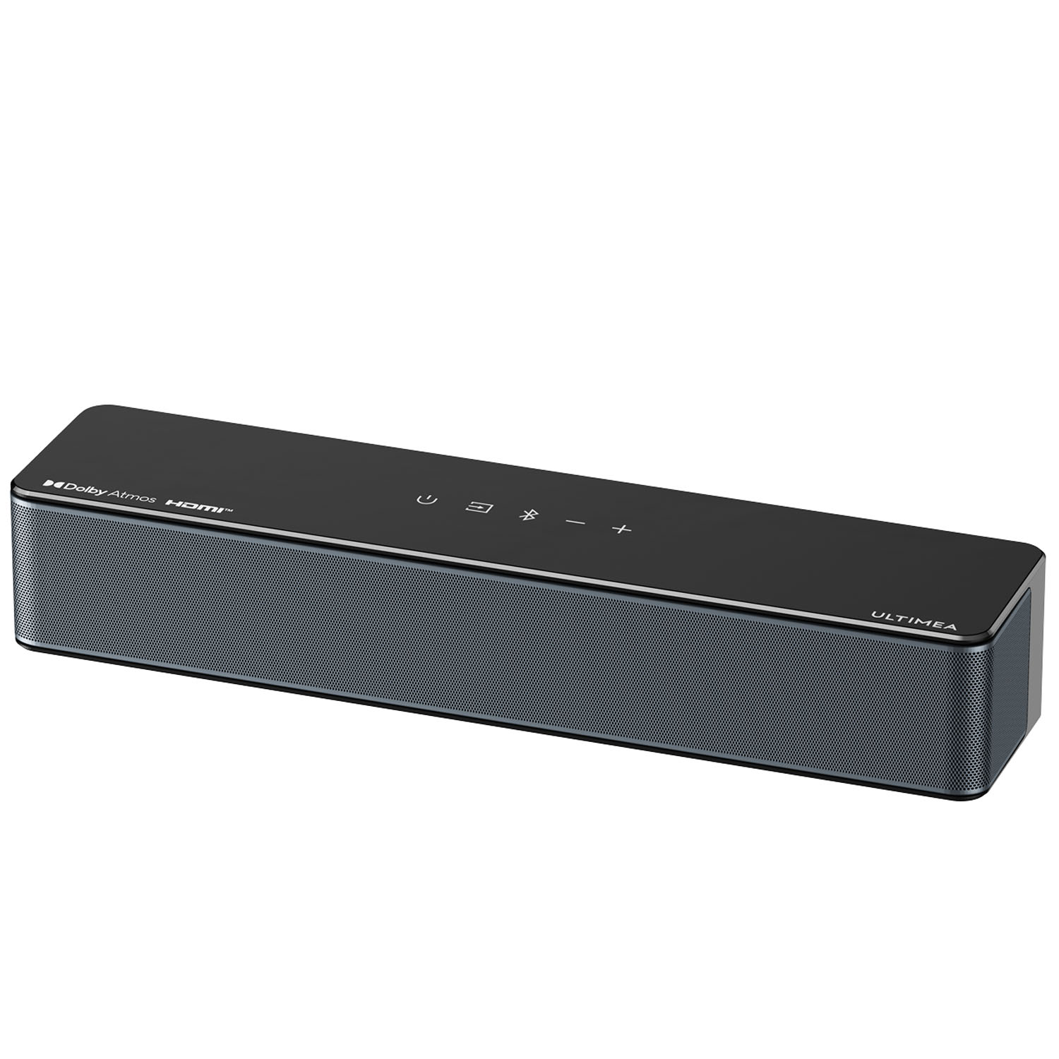 Barre de son noire avec logo Dolby Atmos et HDMI, commandes tactiles.