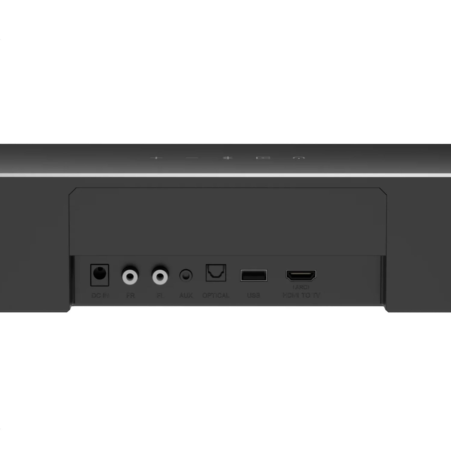 Arrière d'une barre de son montrant les ports : DC IN, FR, FL, AUX, OPTICAL, USB, HDMI.