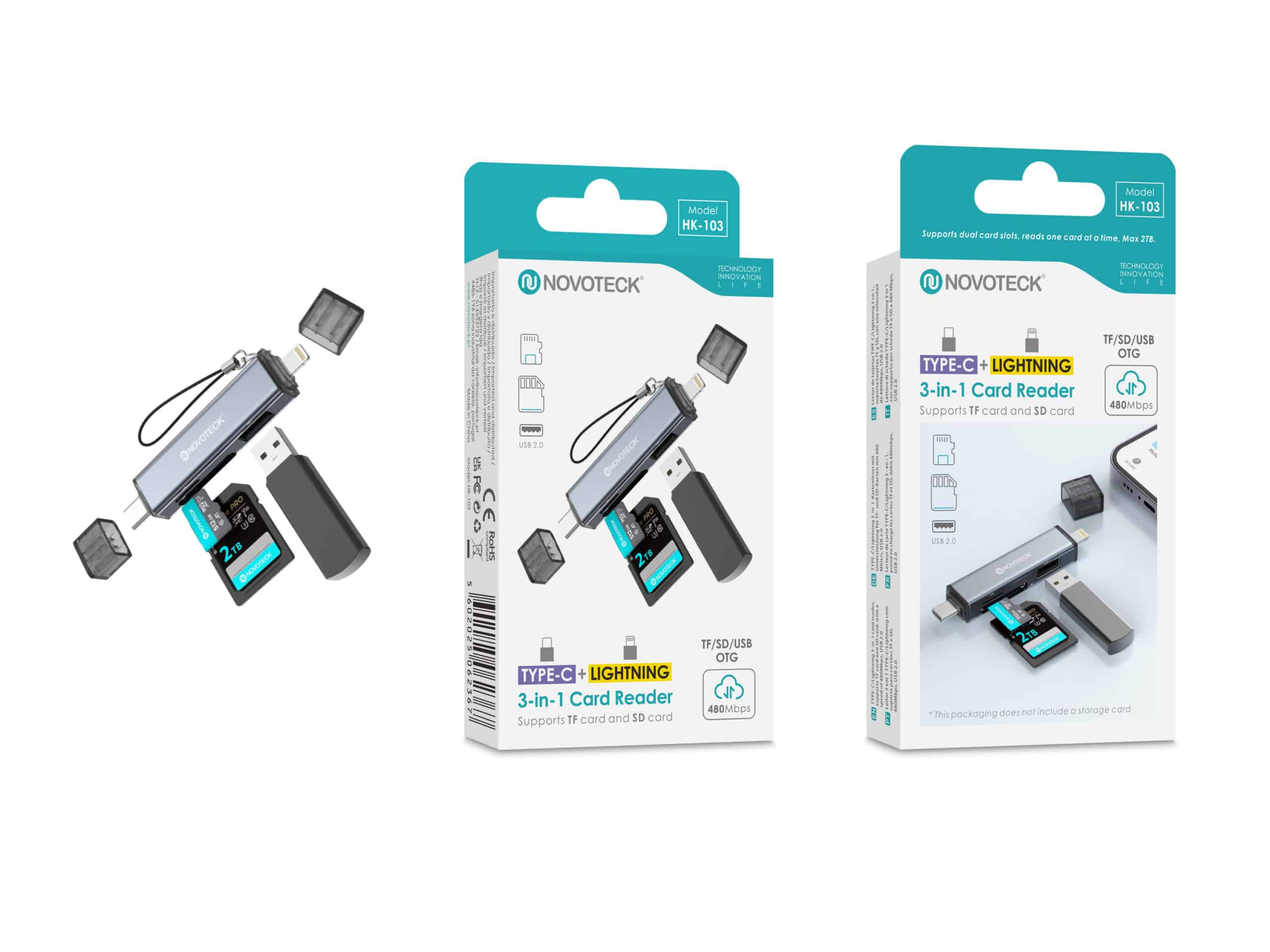 Lector de tarjetas Novotex Tipo-C/Lightning 3 en 1 con tarjeta SD y conector USB.