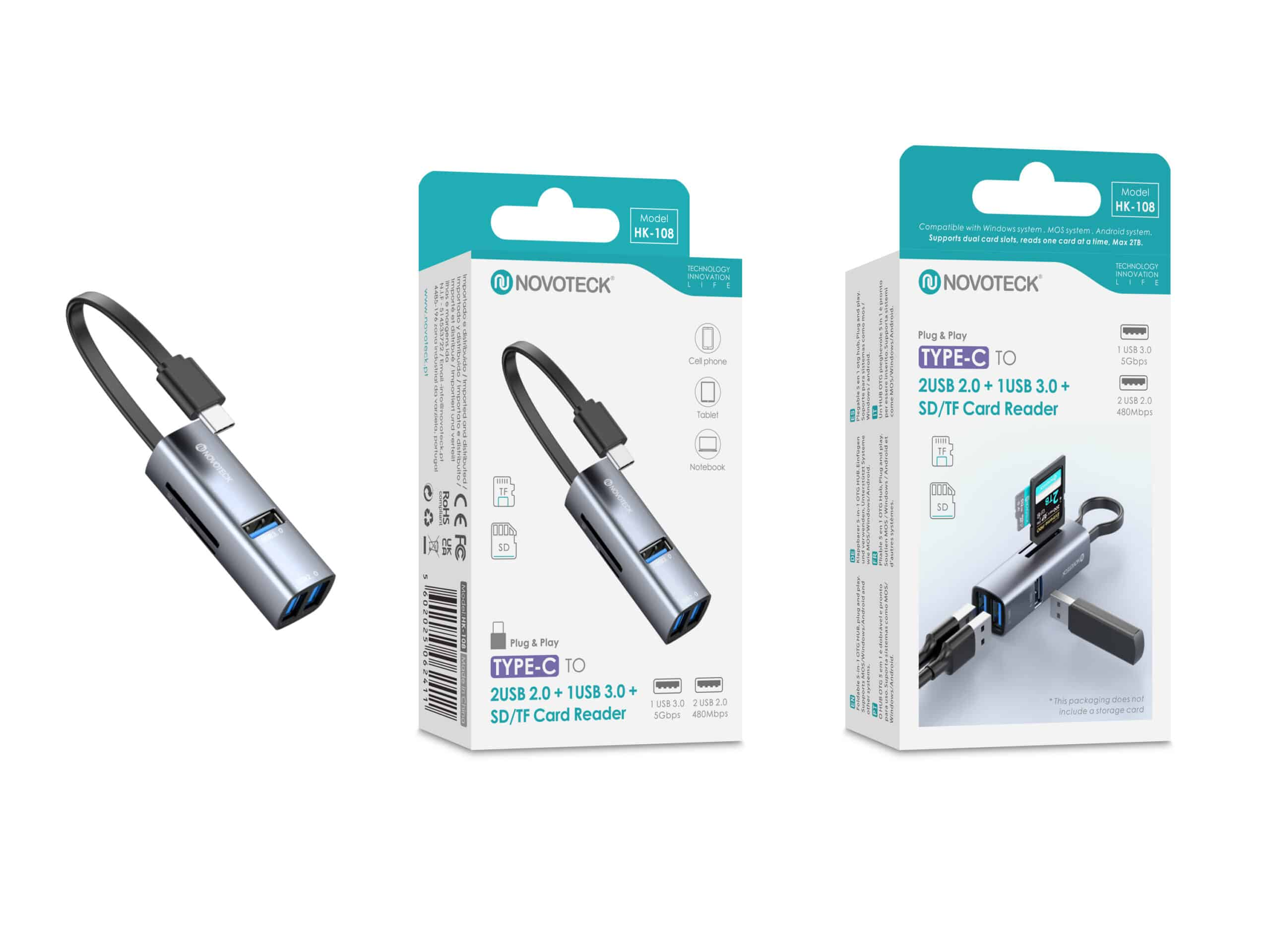 Hub USB-C plateado con doble lector de tarjetas SD/TF y tres puertos USB.