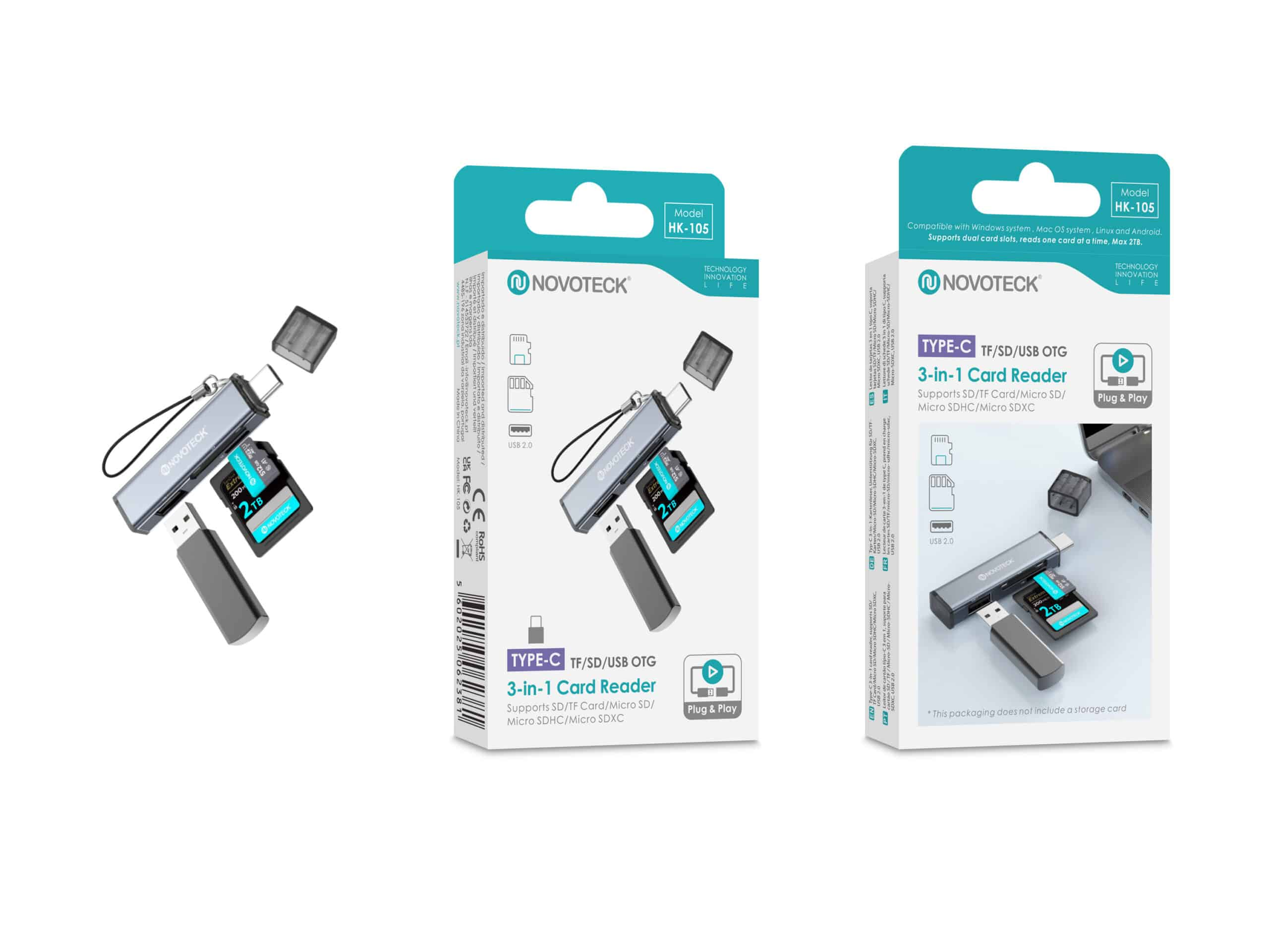 Lector de tarjetas 3 en 1 NOVOTECK con ranuras USB-C, SD y Micro-SD.