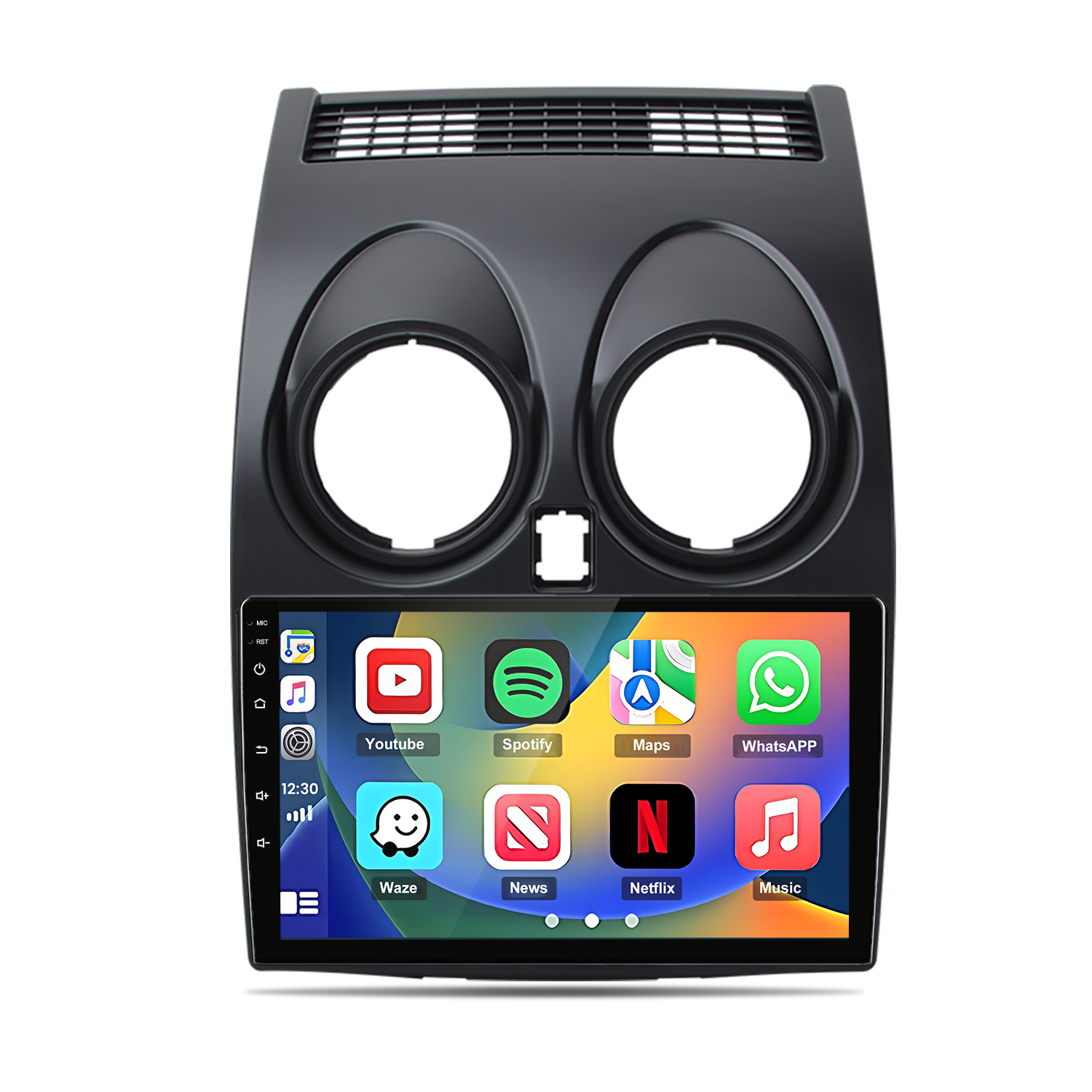 Ein Autoradio-Display zeigt App-Symbole wie YouTube, Spotify, Maps und WhatsApp.