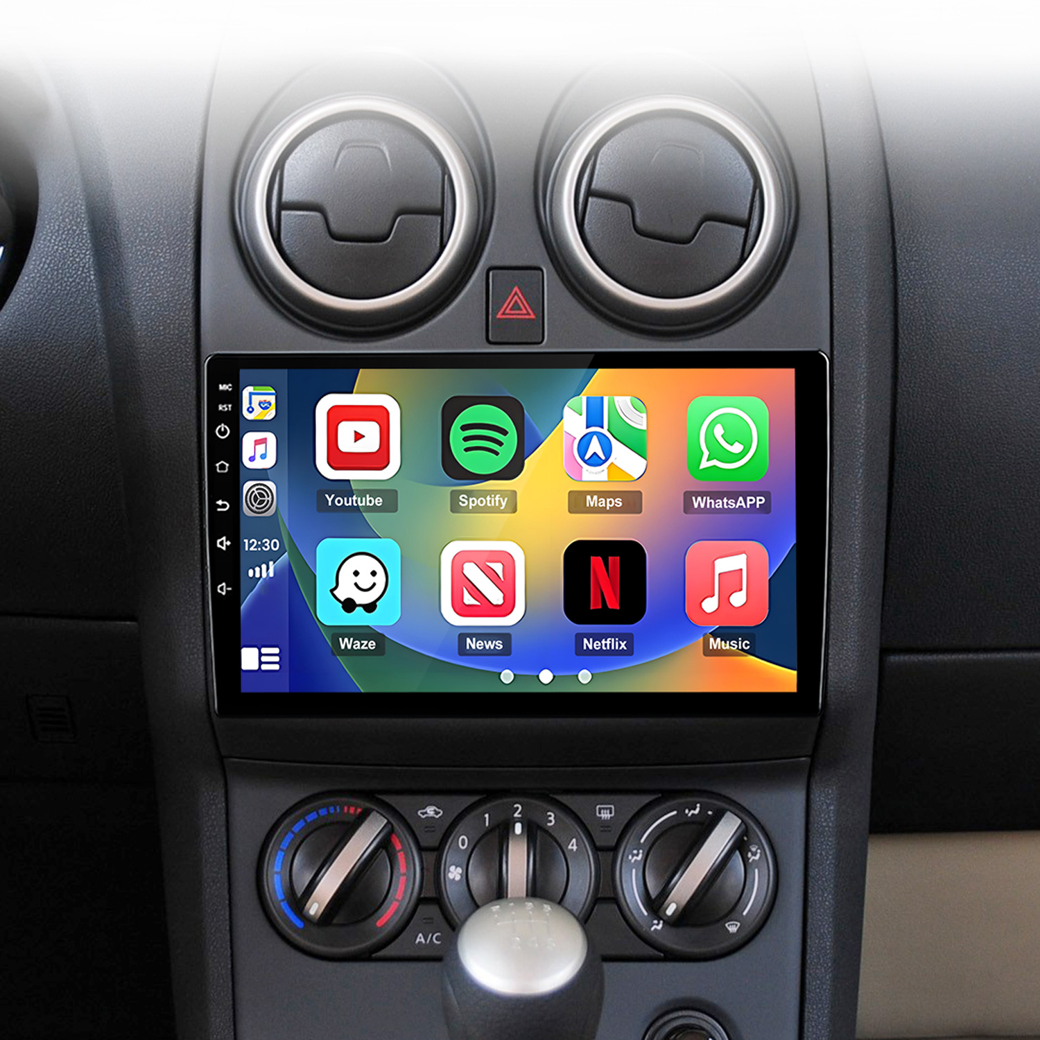 Ein Auto-Infotainment-System zeigt App-Symbole wie YouTube, Spotify und WhatsApp.