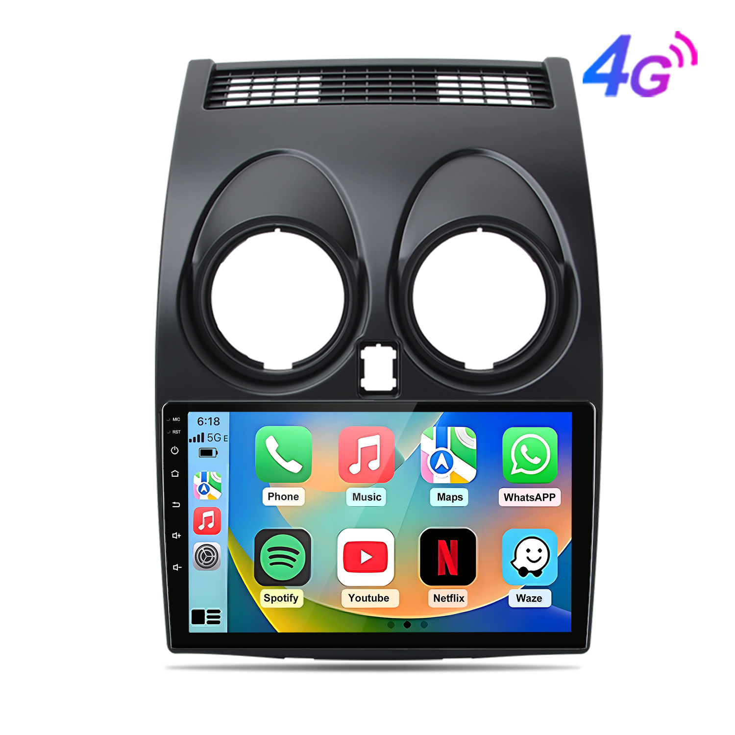 Display autoradio con app come Telefono, Musica, Mappe, Spotify, YouTube.