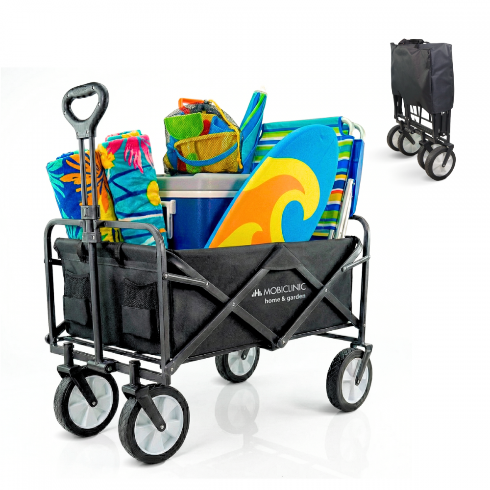Carro de playa negro con toallas, nevera, tabla de surf y sillas.