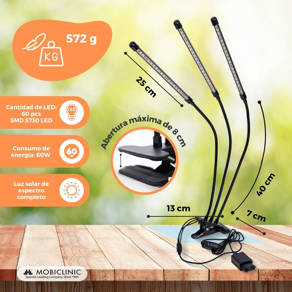 Lámpara para plantas con 3 brazos, 572g, 25cm, 60W, apertura 8cm.