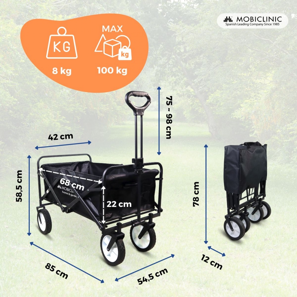 Carro plegable negro con dimensiones y límites de peso. Carga máx. 100kg.
