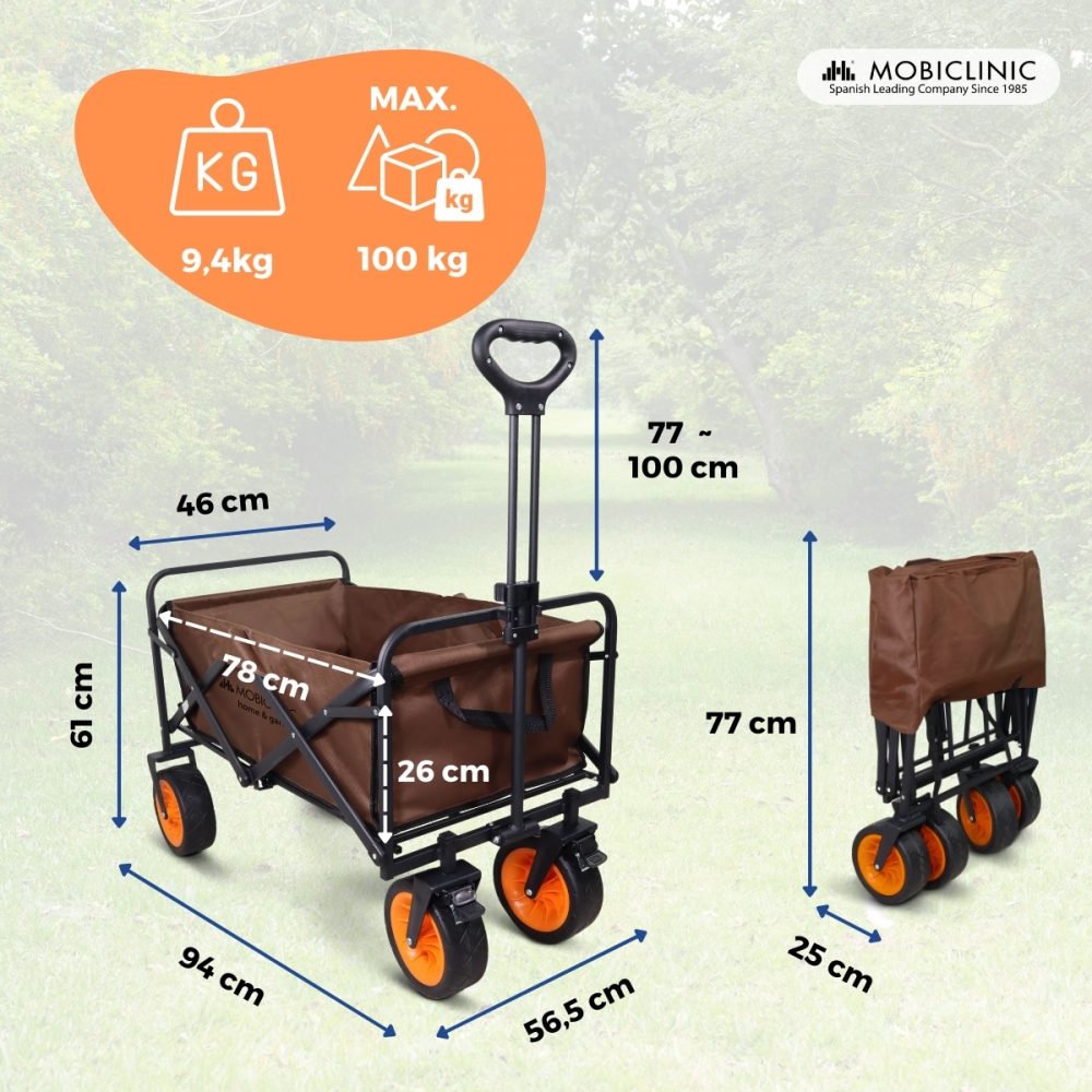Carro marrón con dimensiones y capacidad de carga. Izquierda desplegada, derecha plegada.