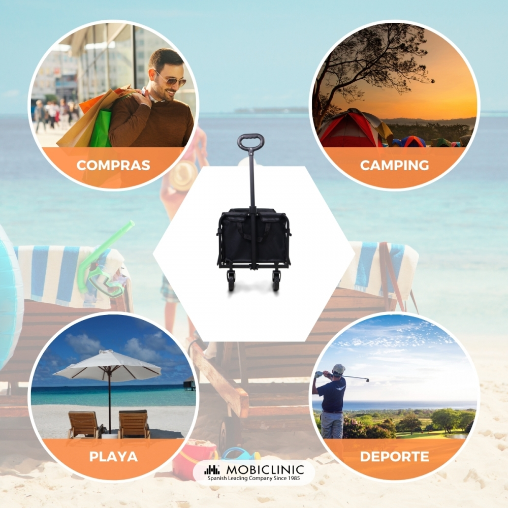 Un carrito negro con asa extensible y ruedas. Círculos muestran compras, camping, playa y golf.