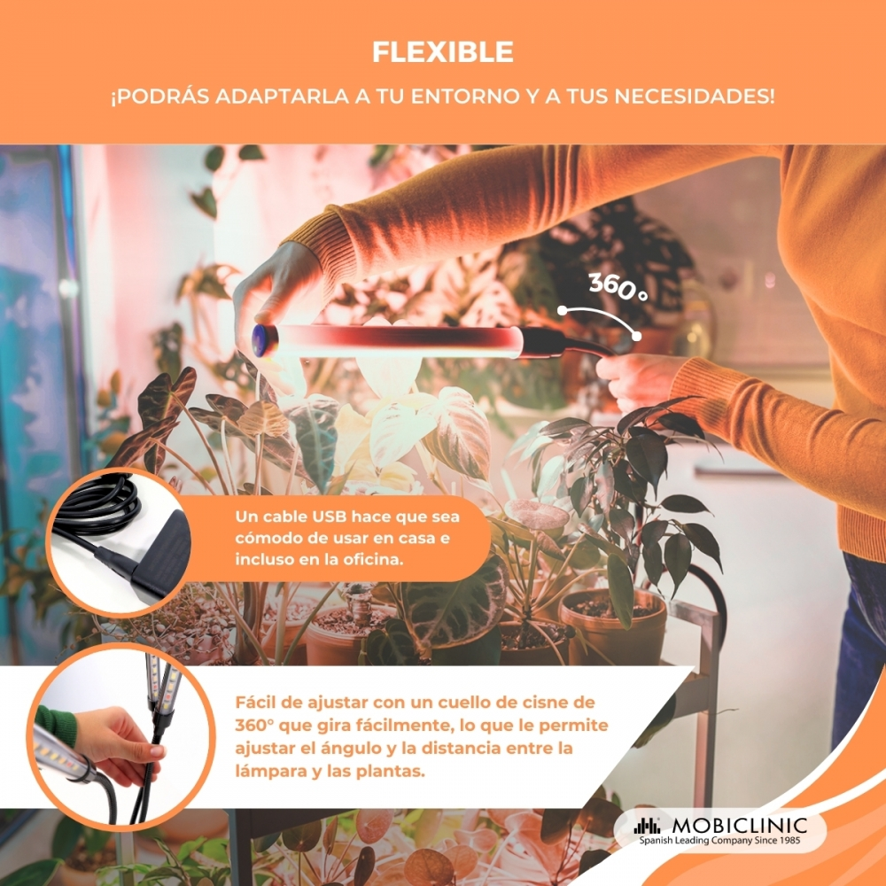 Una mano ajusta una lámpara flexible sobre plantas. Funciona por USB.