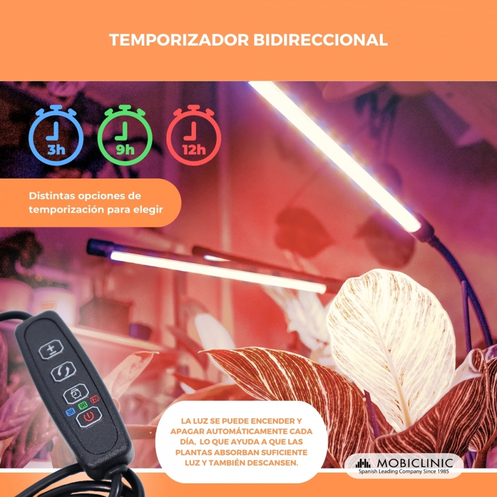 Luz de crecimiento para plantas con opciones de temporizador (3h, 9h, 12h).