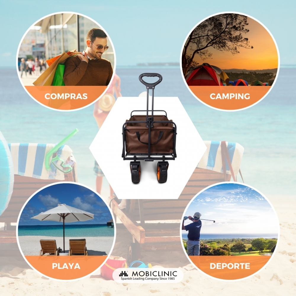 Un carrito marrón plegable con ruedas, rodeado de imágenes de compras, camping, playa y golf.