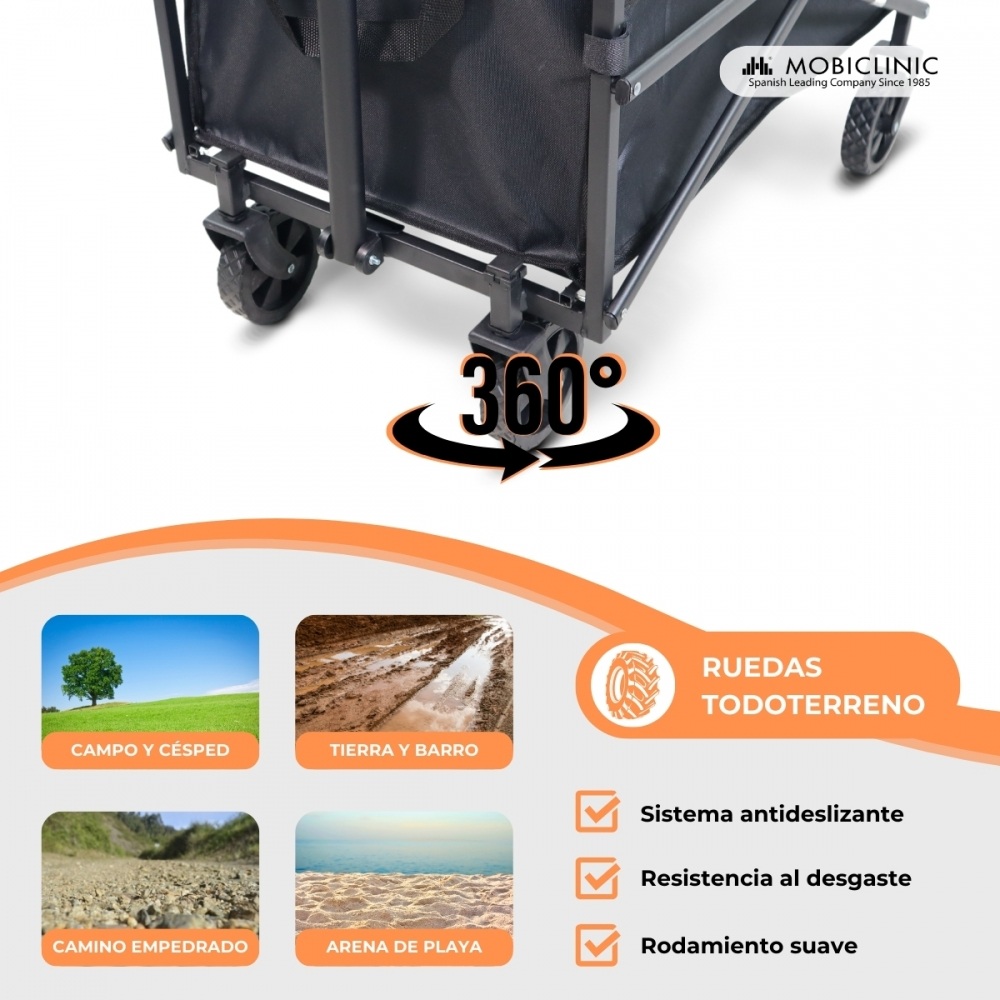 El carro tiene ruedas de 360 grados para varios terrenos como césped, barro y playa.
