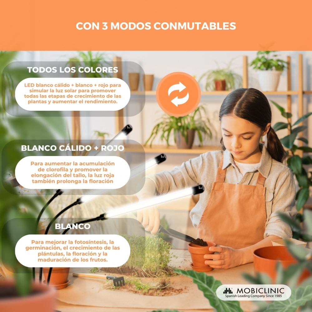 Niña planta en maceta bajo luz de cultivo con 3 modos: todos los colores, blanco cálido+rojo, blanco.