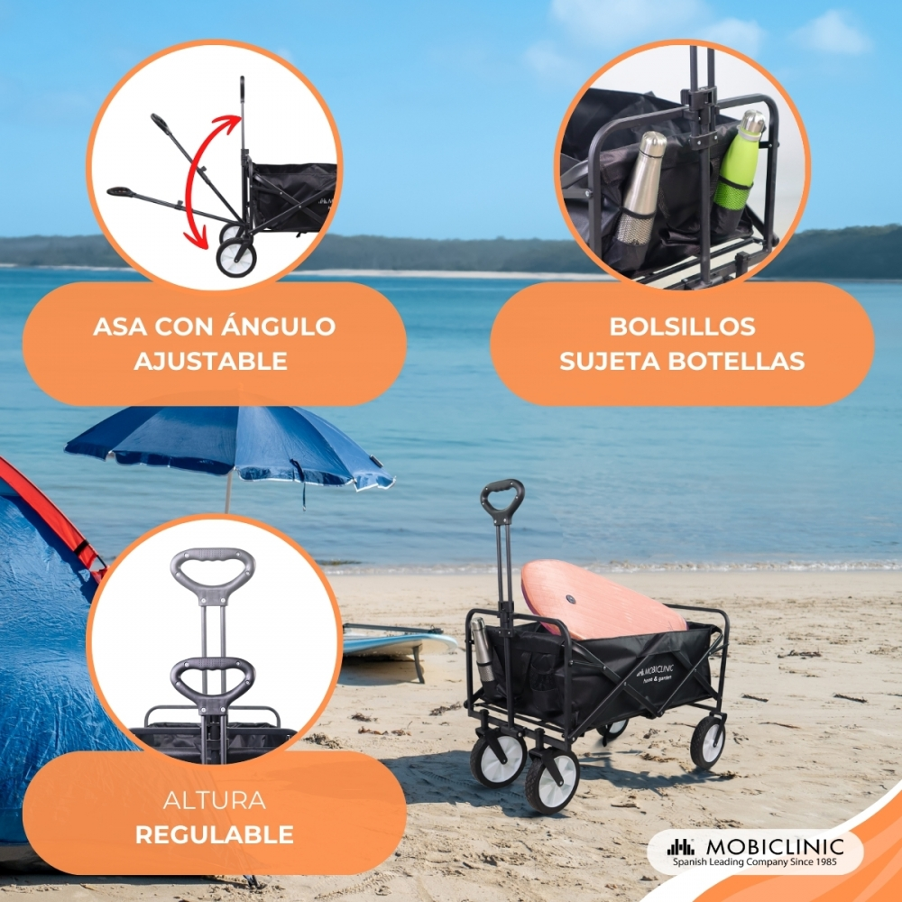 Un carro de playa plegable con mango ajustable, portabotellas y altura regulable.