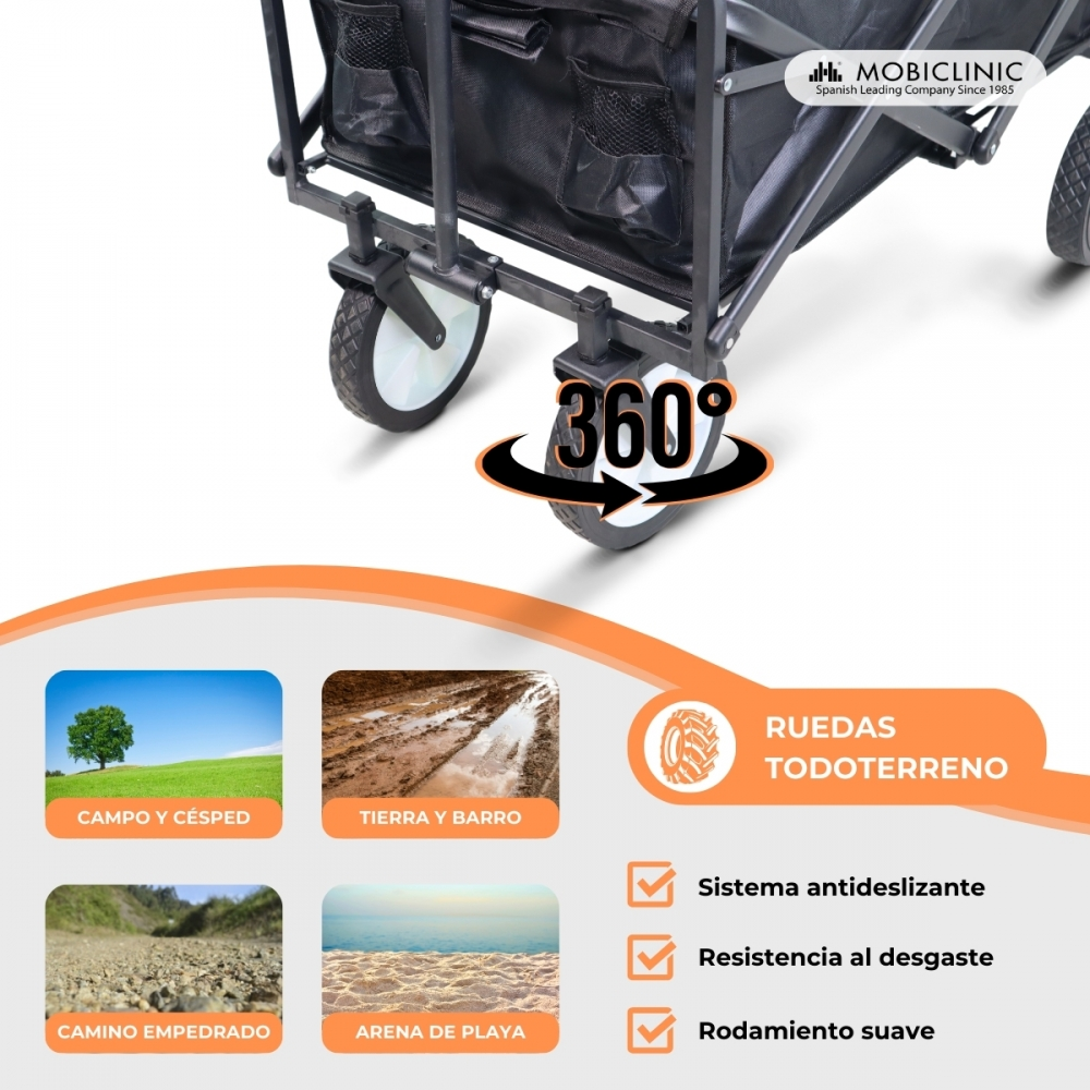 Carro negro con ruedas todoterreno, apto para césped, barro, grava y arena.