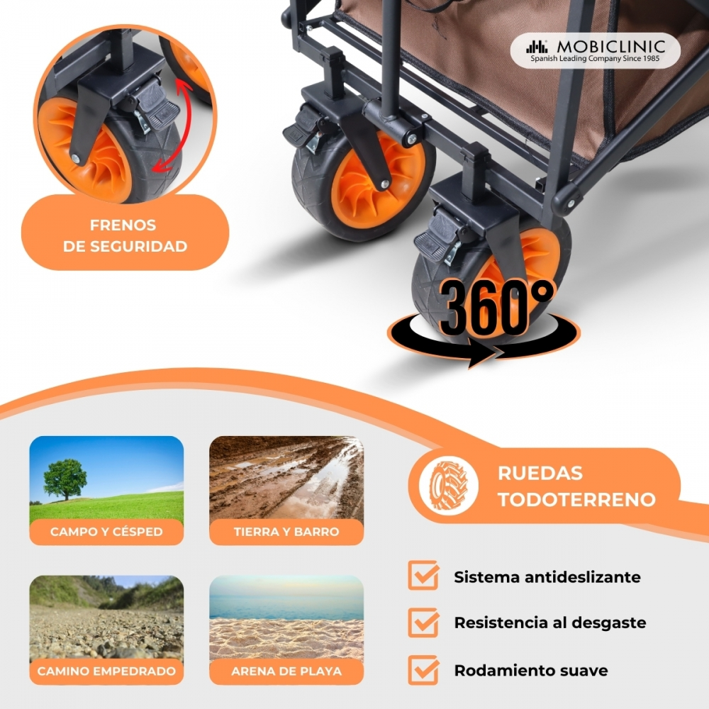 Un carrito con frenos de seguridad, ruedas 360° y capacidad todoterreno.