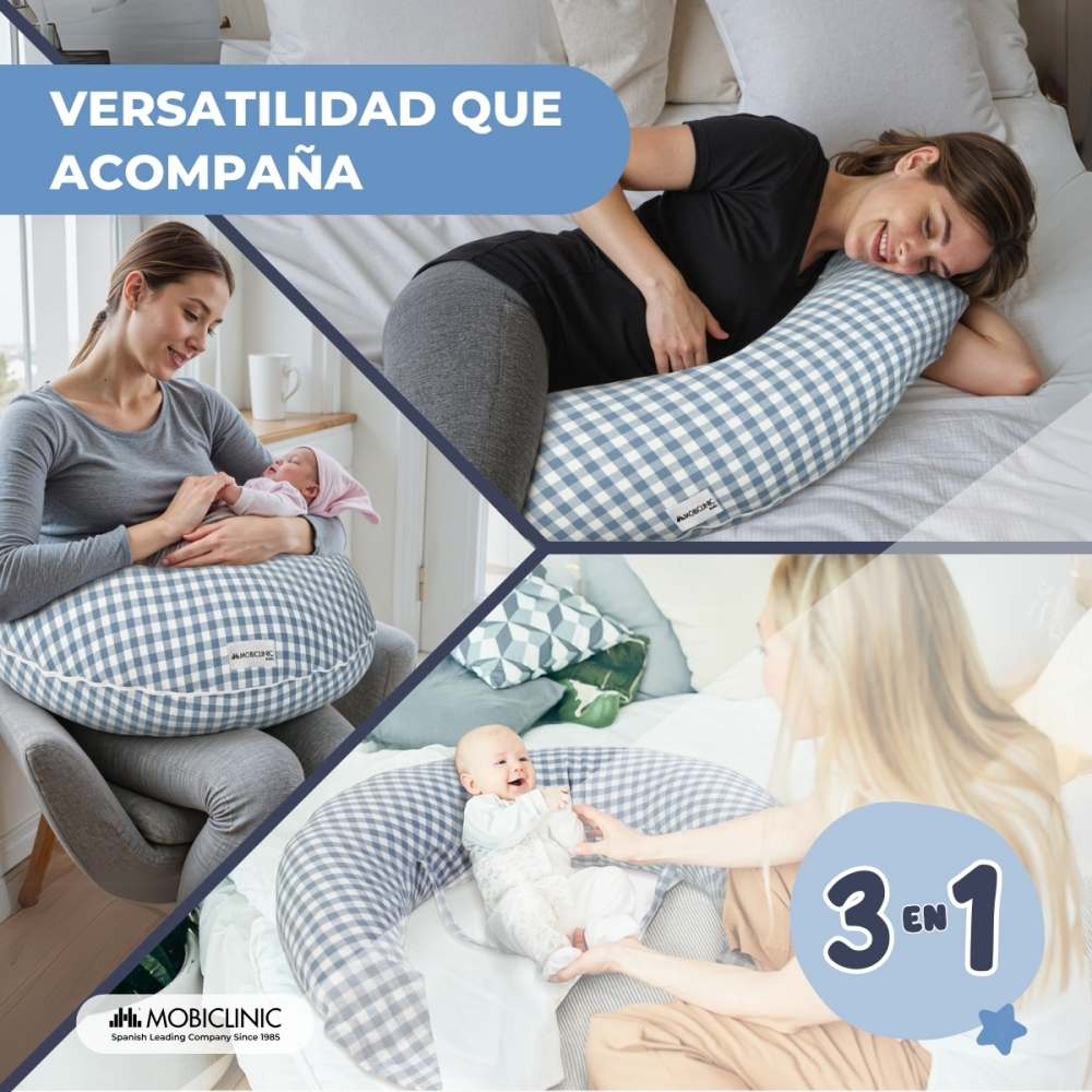 Colage mostrando mujeres con bebés y cojines de lactancia en varios escenarios.