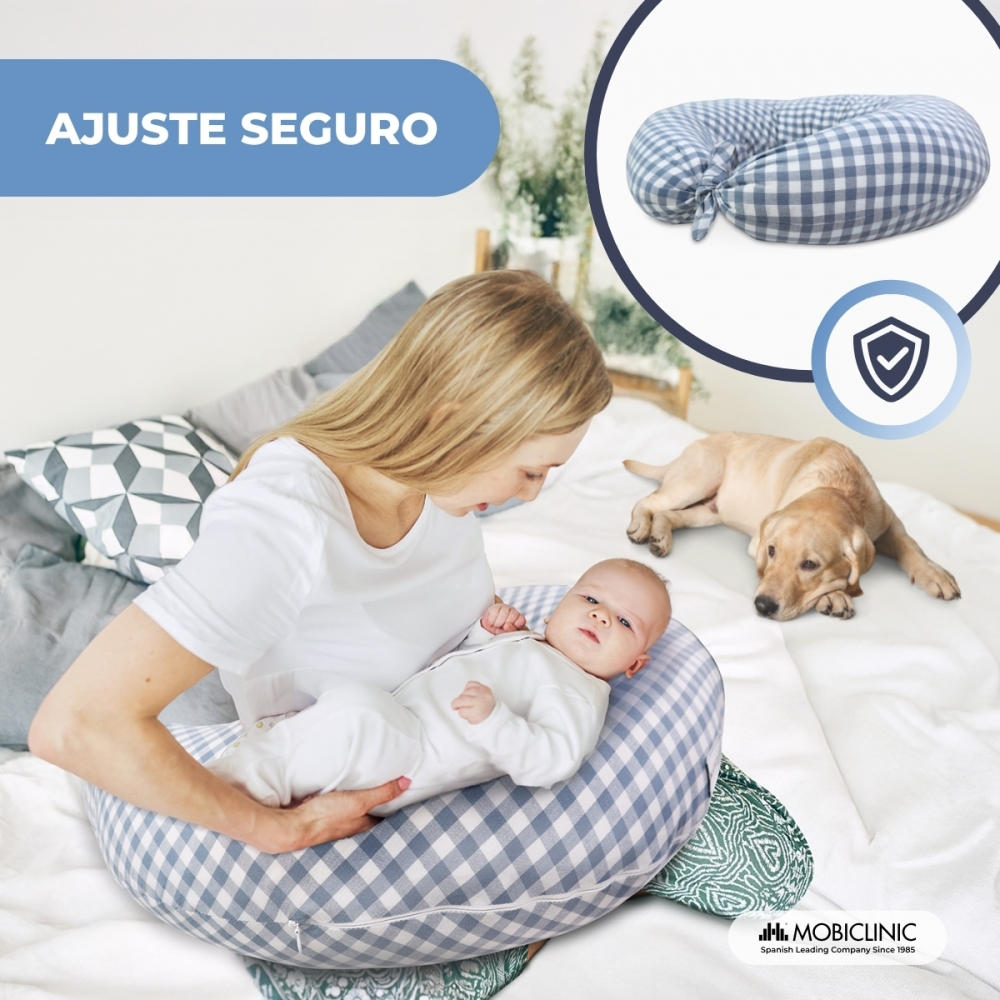 Mujer amamanta a bebé en cojín a cuadros. Perro cerca. Texto: AJUSTE SEGURO.