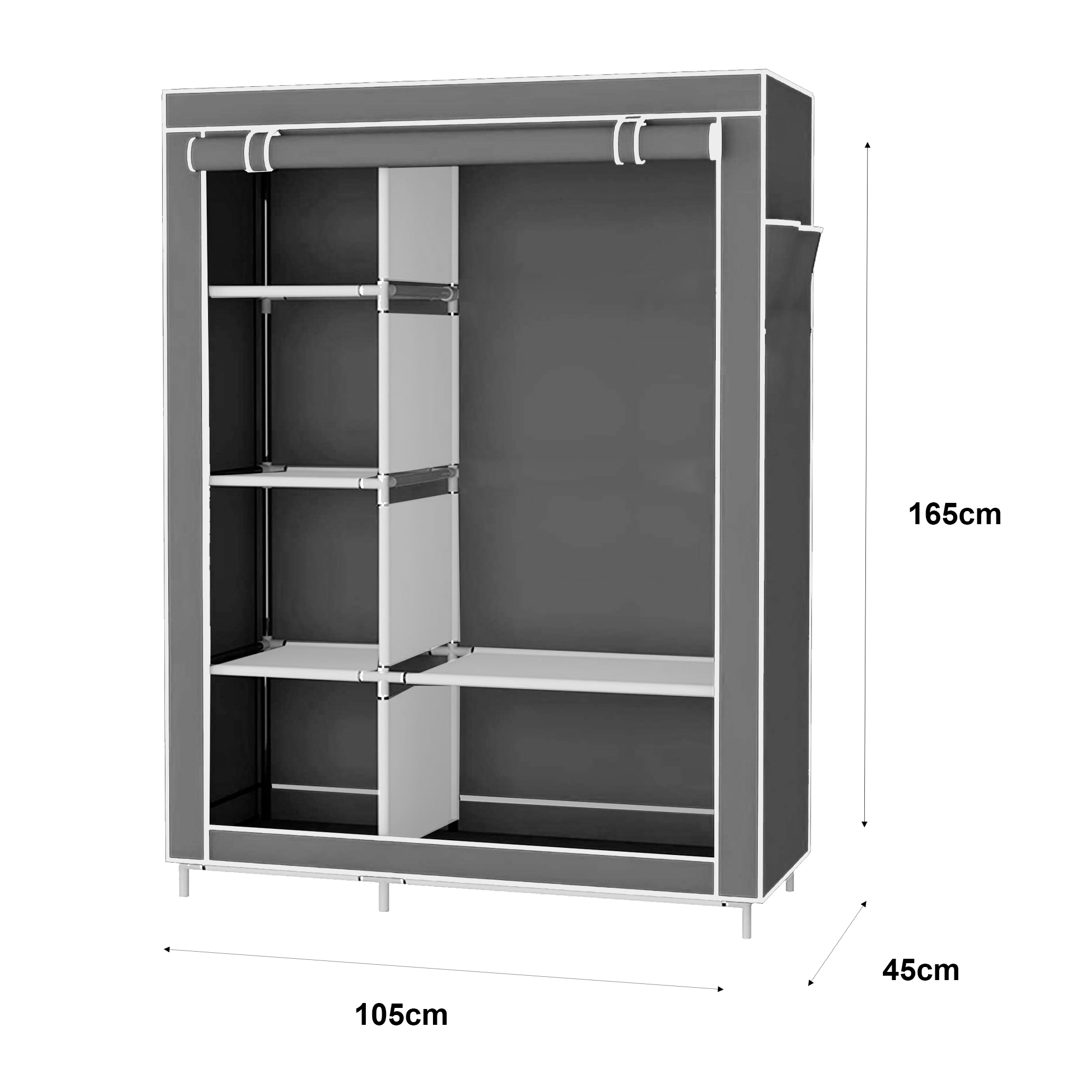 Armario de tela gris con estantes y barra para colgar. Dimensiones: 165x105x45cm.