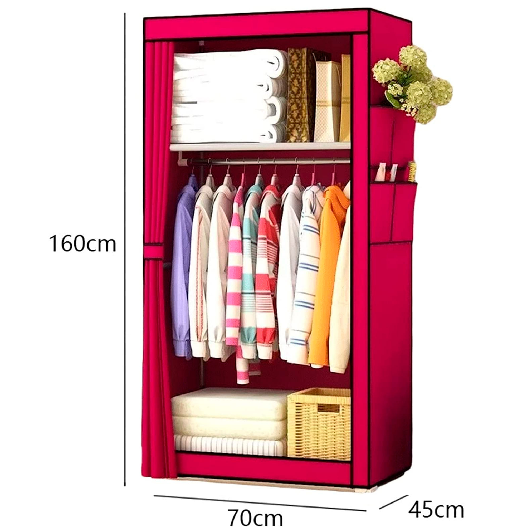 Un armario de tela rosa con ropa, mantas y una cesta. Dimensiones: 160x70x45cm.