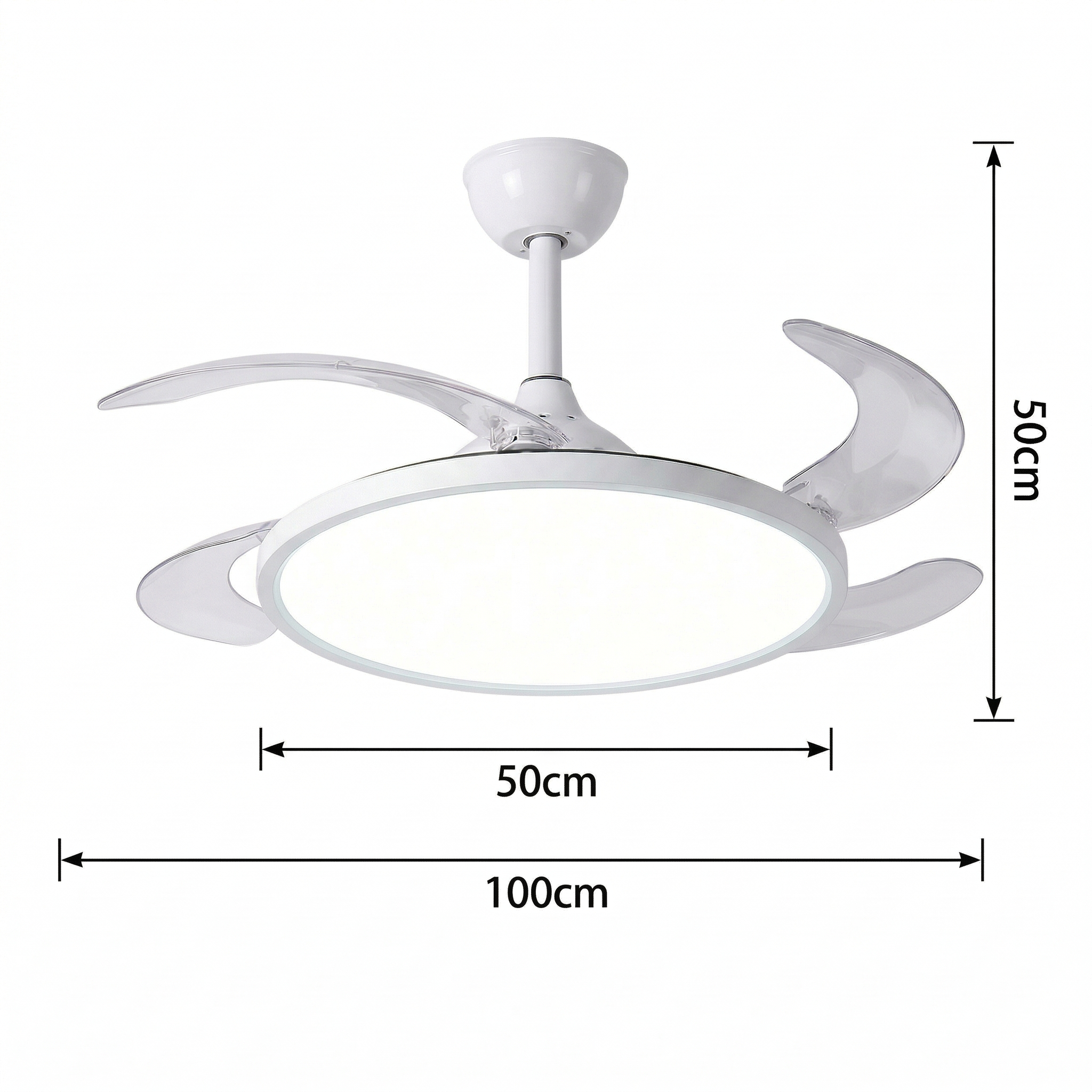 Lámpara de ventilador de techo blanca, 50cm diámetro, 100cm de envergadura.
