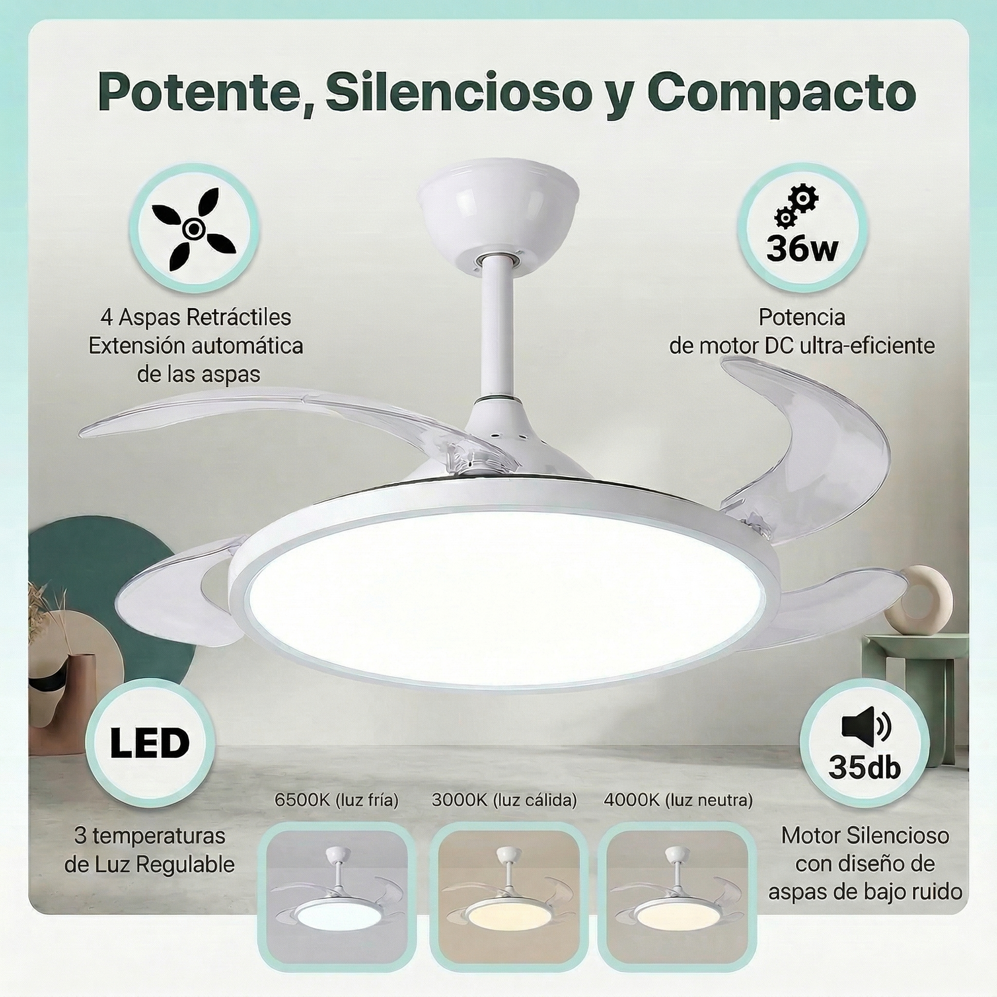 Un ventilador de techo moderno con luz LED y aspas retráctiles.