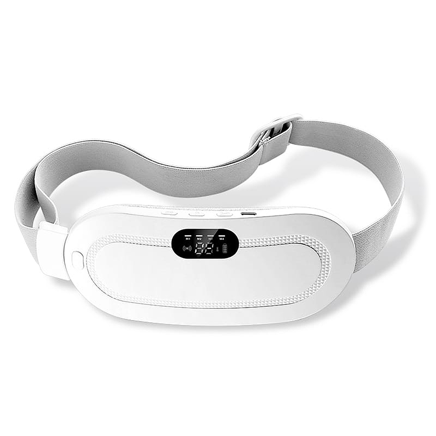 Un cinturón de masaje blanco con pantalla digital y correa ajustable.