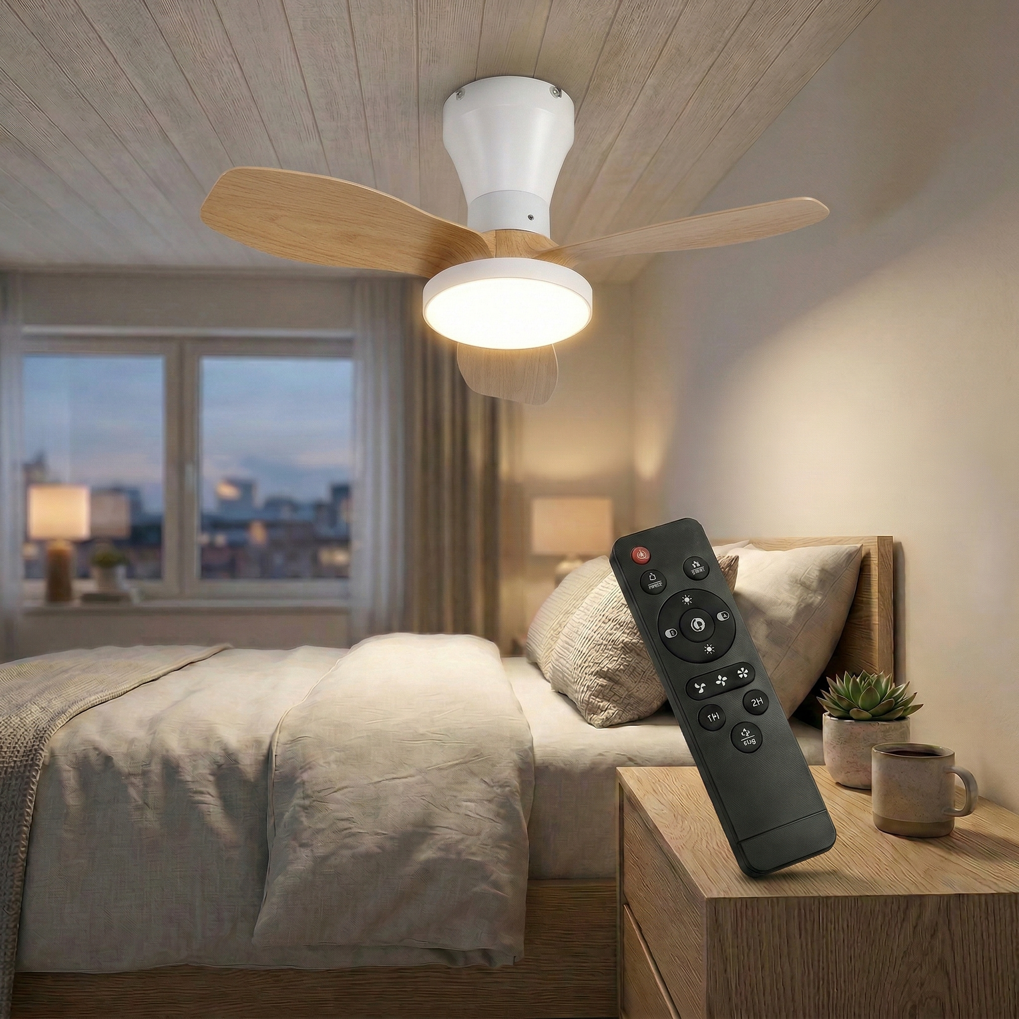 Un ventilador de techo con luz sobre una cama, con un control remoto en la mesita.