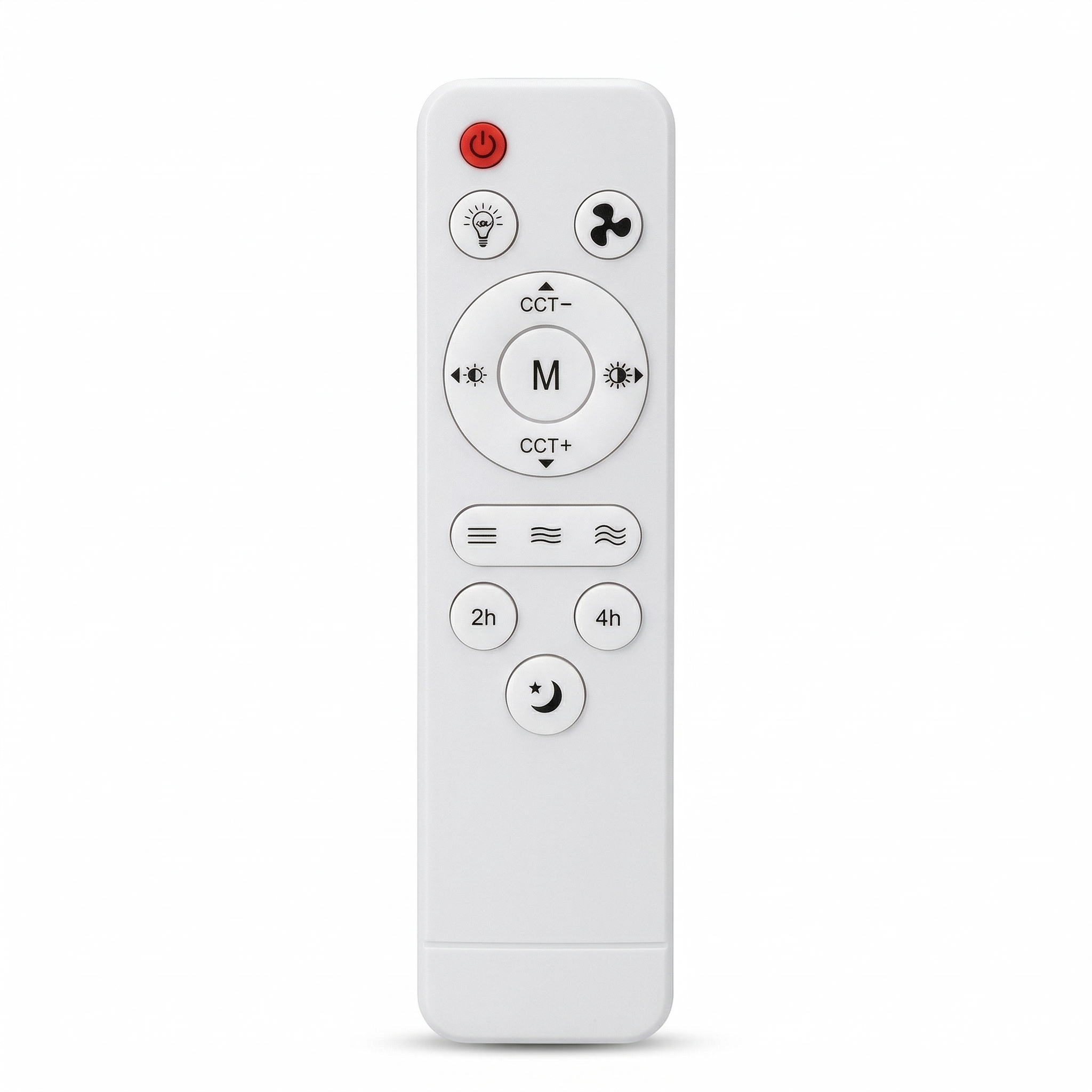 Un mando a distancia blanco con botones para luz, ventilador, CCT y temporizador.