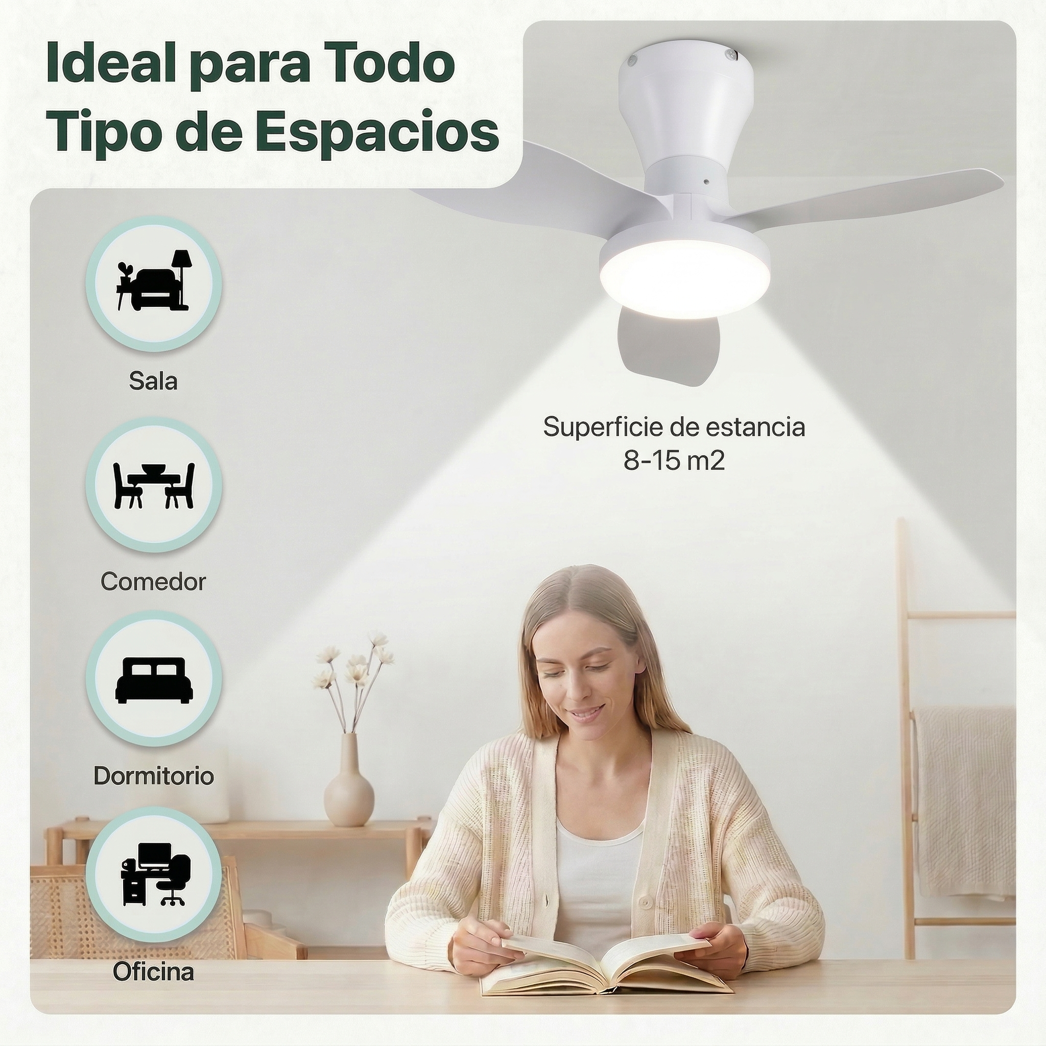 Ventilador de techo con luz sobre una mujer leyendo. Adecuado para salones.