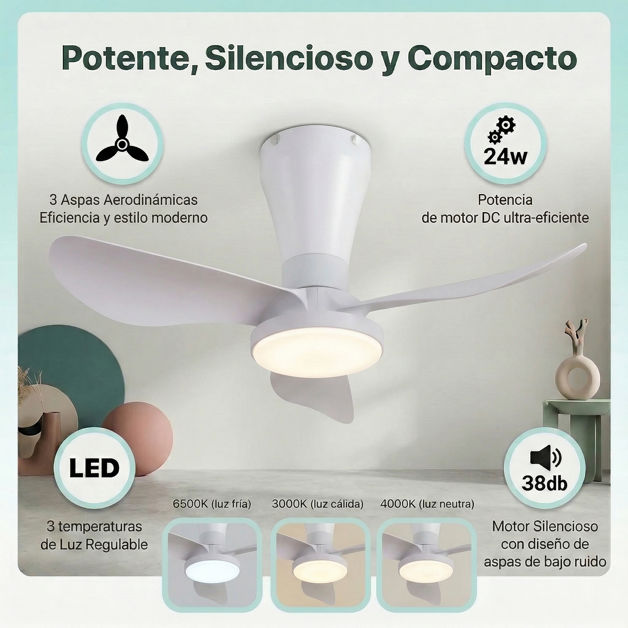 Moderno ventilador de techo blanco con luz LED y tres aspas.