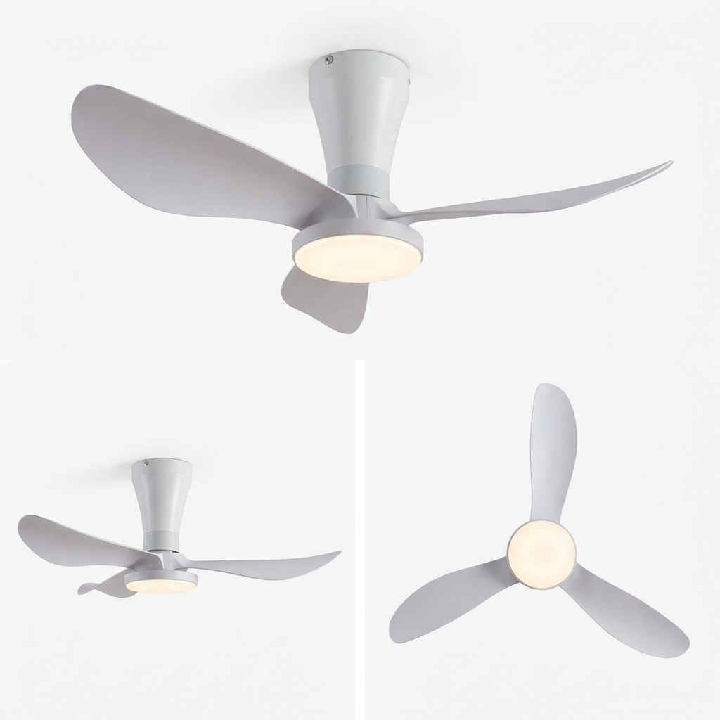 Tres ventiladores de techo blancos con luces sobre fondo blanco.