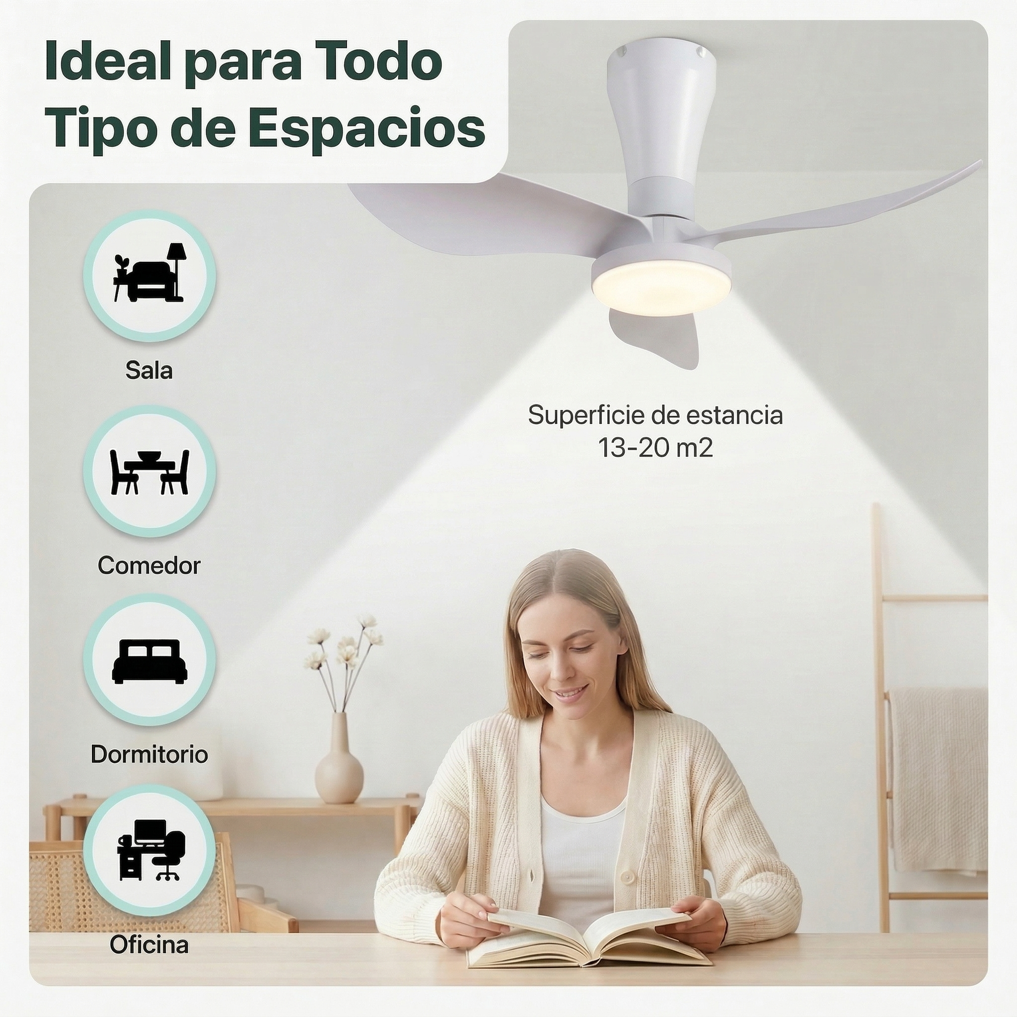 Ventilador de techo con luz sobre una mujer leyendo.