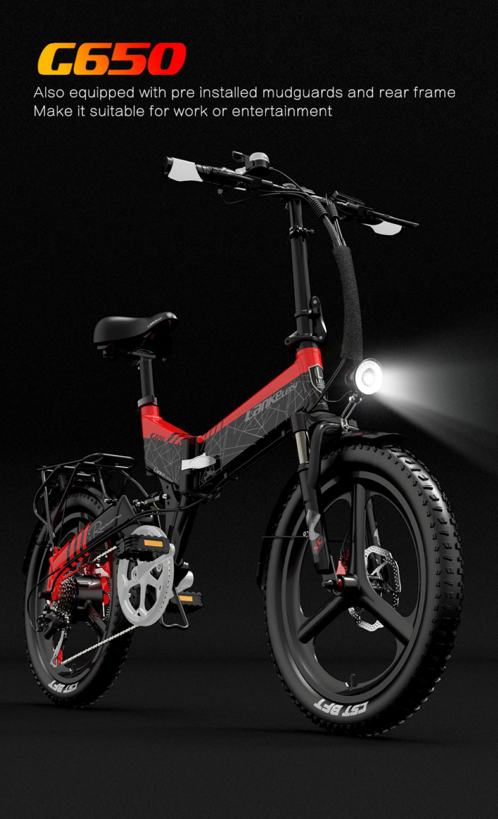 Bicicleta plegable G650 roja y negra con faro, guardabarros y portaequipajes.