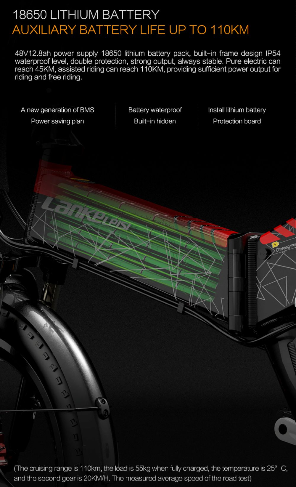 Batería de e-bike con estampado "LankeLPIST", especificaciones y autonomía.