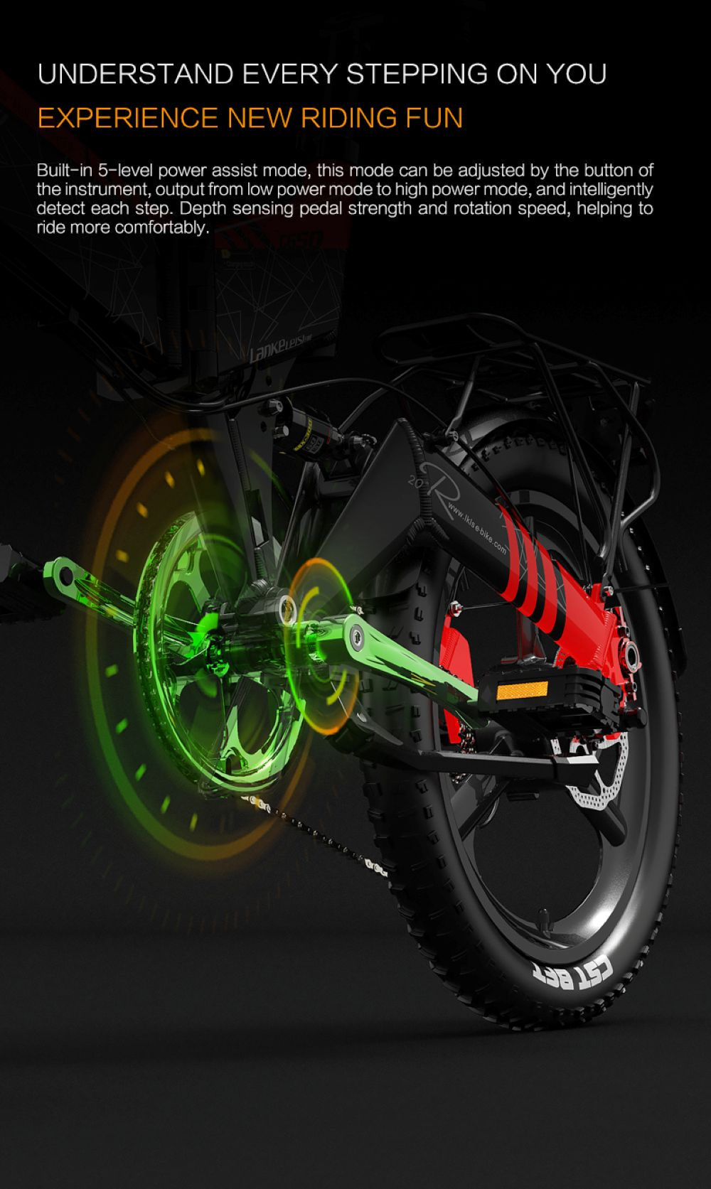 Primer plano del tren de transmisión de la bicicleta con luces verdes y naranjas indicando potencia.