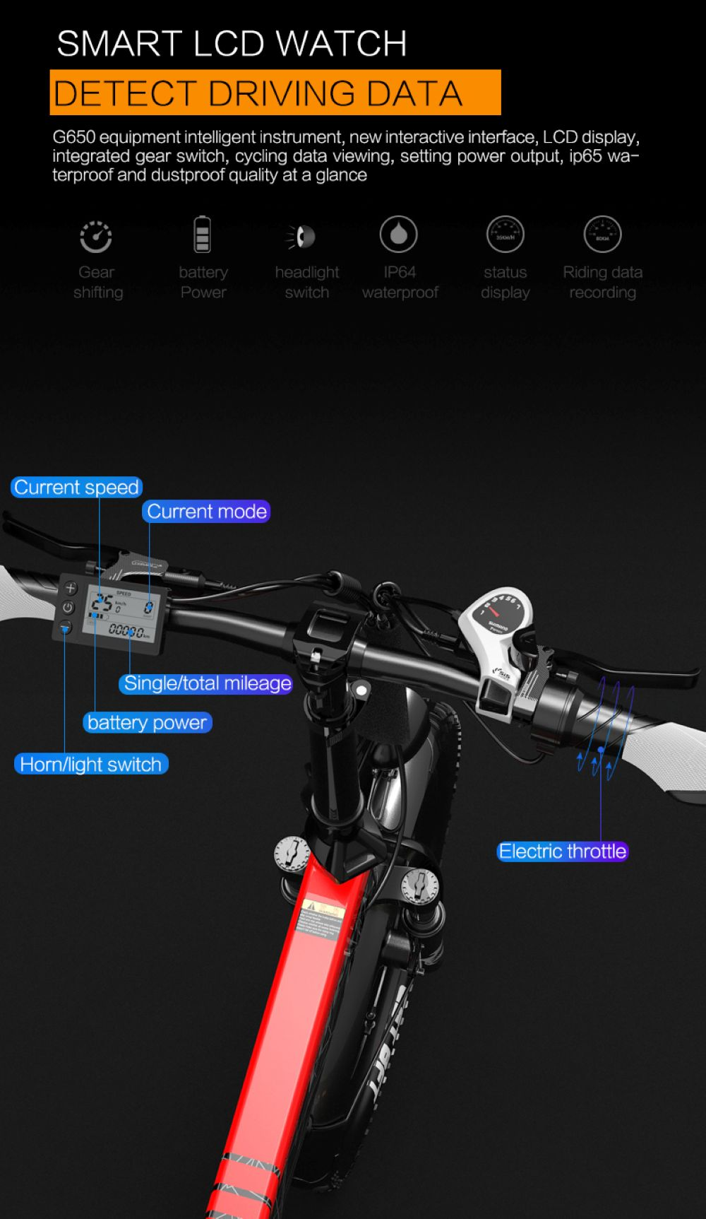 Primer plano del manillar de una bicicleta eléctrica con pantalla LCD mostrando la velocidad.