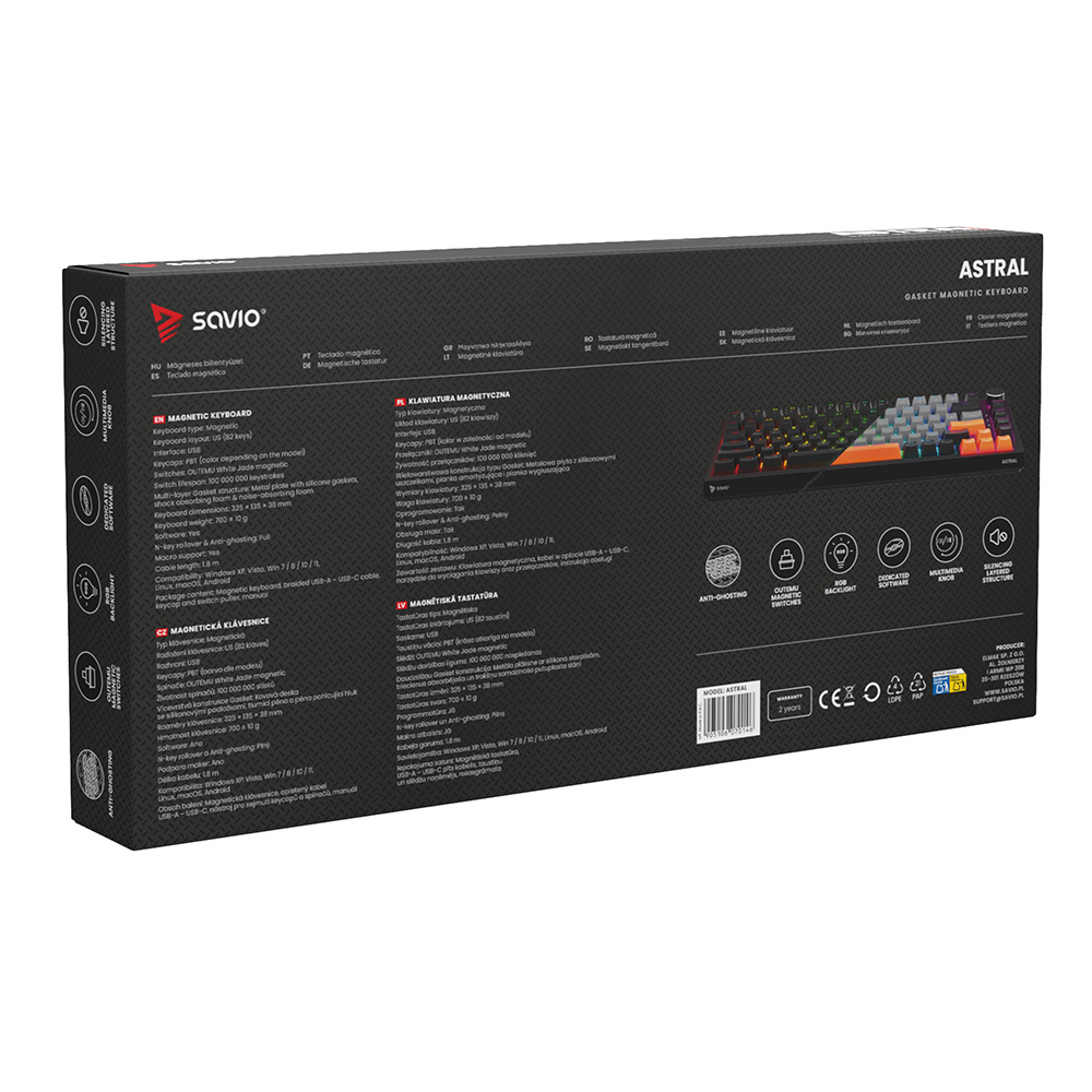 Opakowanie magnetycznej klawiatury Savio Astral Gasket, pokazujące cechy produktu.