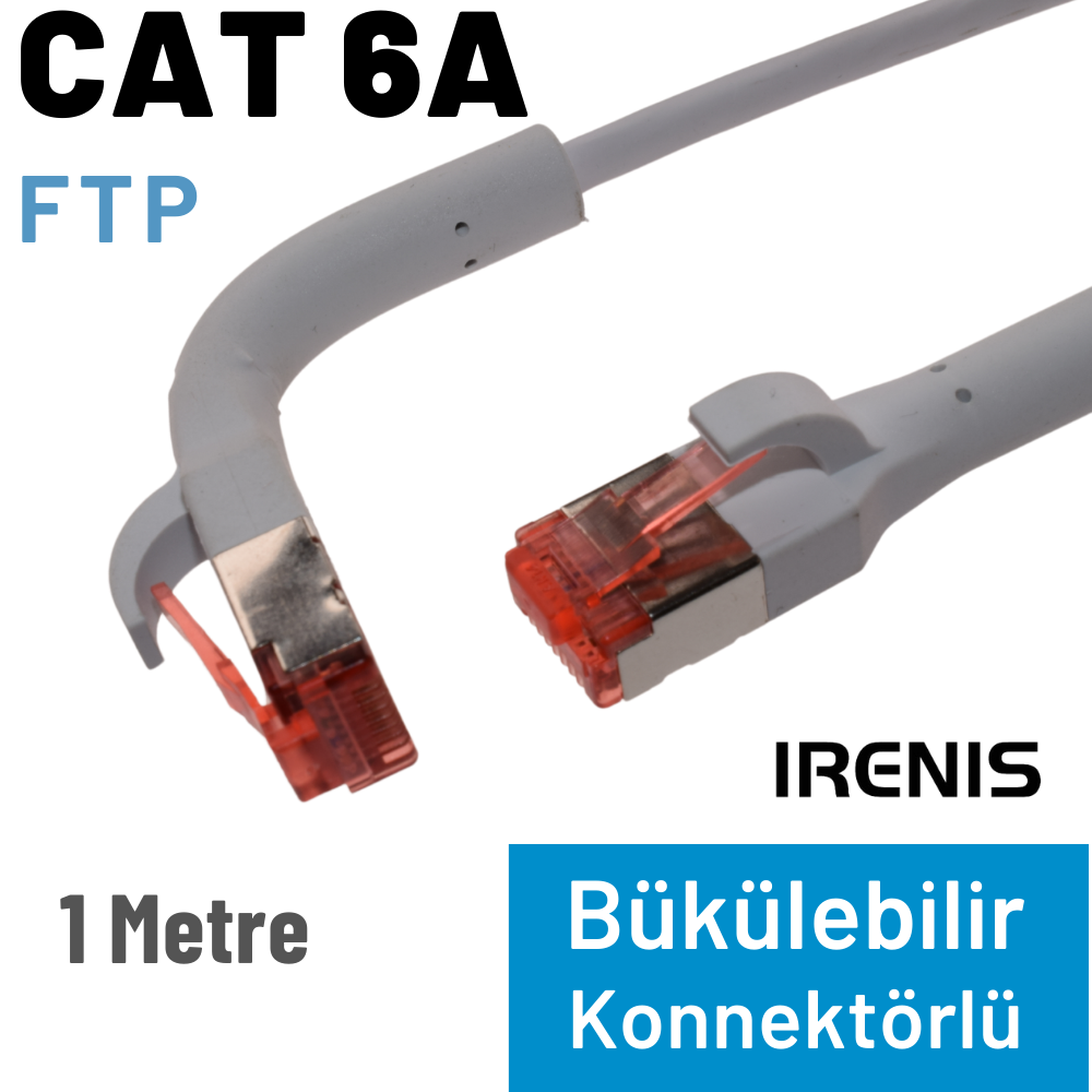 Gri CAT 6A FTP kablo, kırmızı konnektörlü, 1 metre.