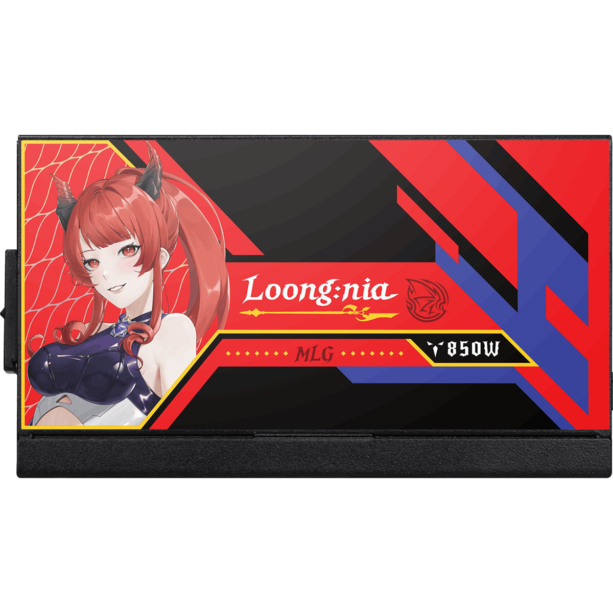 Anime karakterli ve "Loong:nia 850W MLG" yazılı bir güç kaynağı.