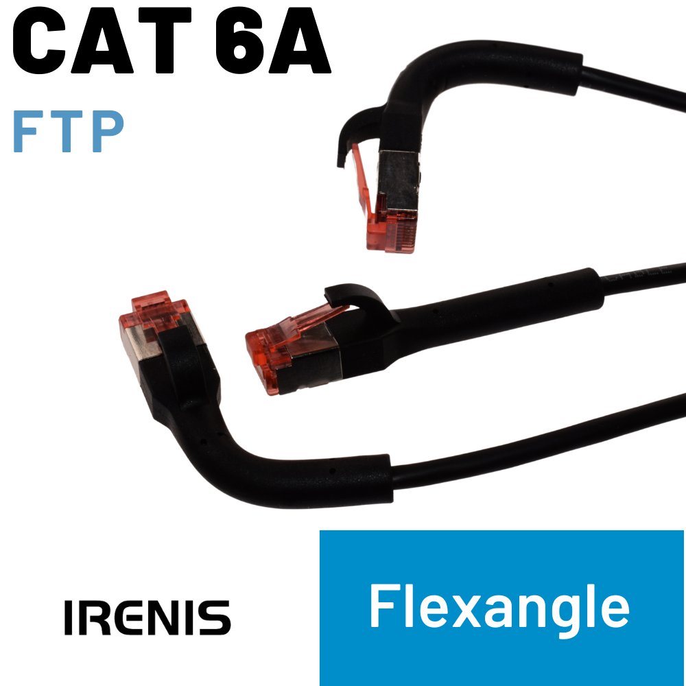 Kırmızı konektörlü CAT 6A FTP kablosu, Irenis ve Flexangle logosu.