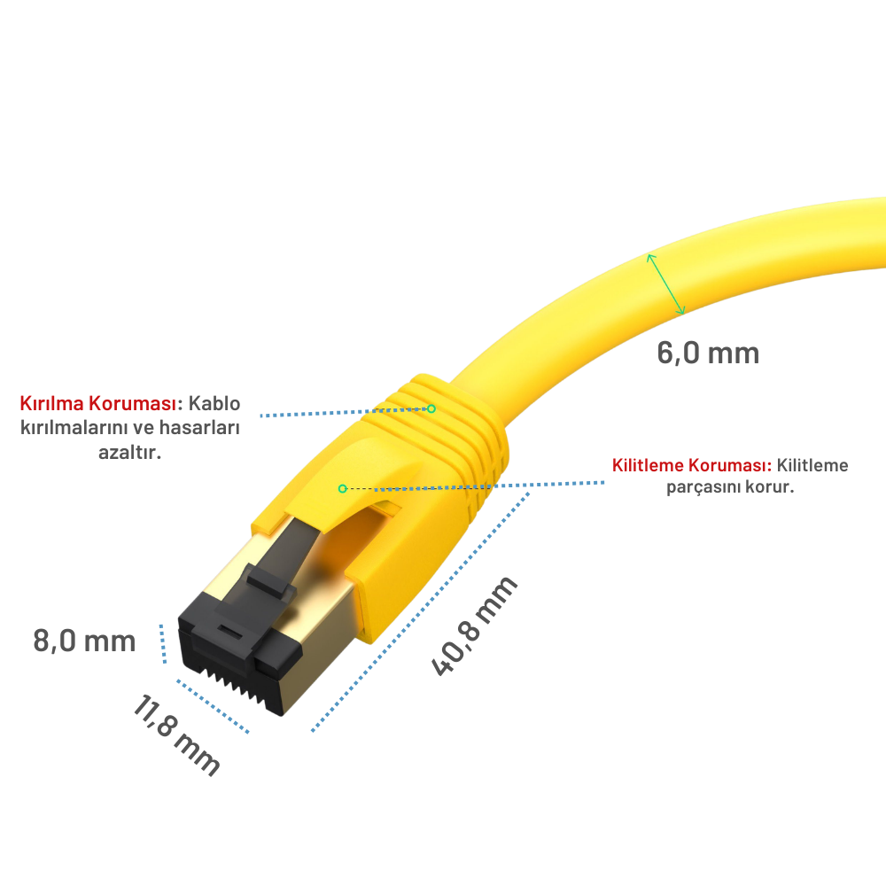 Sarı Ethernet kablosu RJ45 konnektörlü. Boyutlar: 8,0x11,8mm (konnektör), 40,8mm (uzunluk), 6,0mm (kablo çapı).
